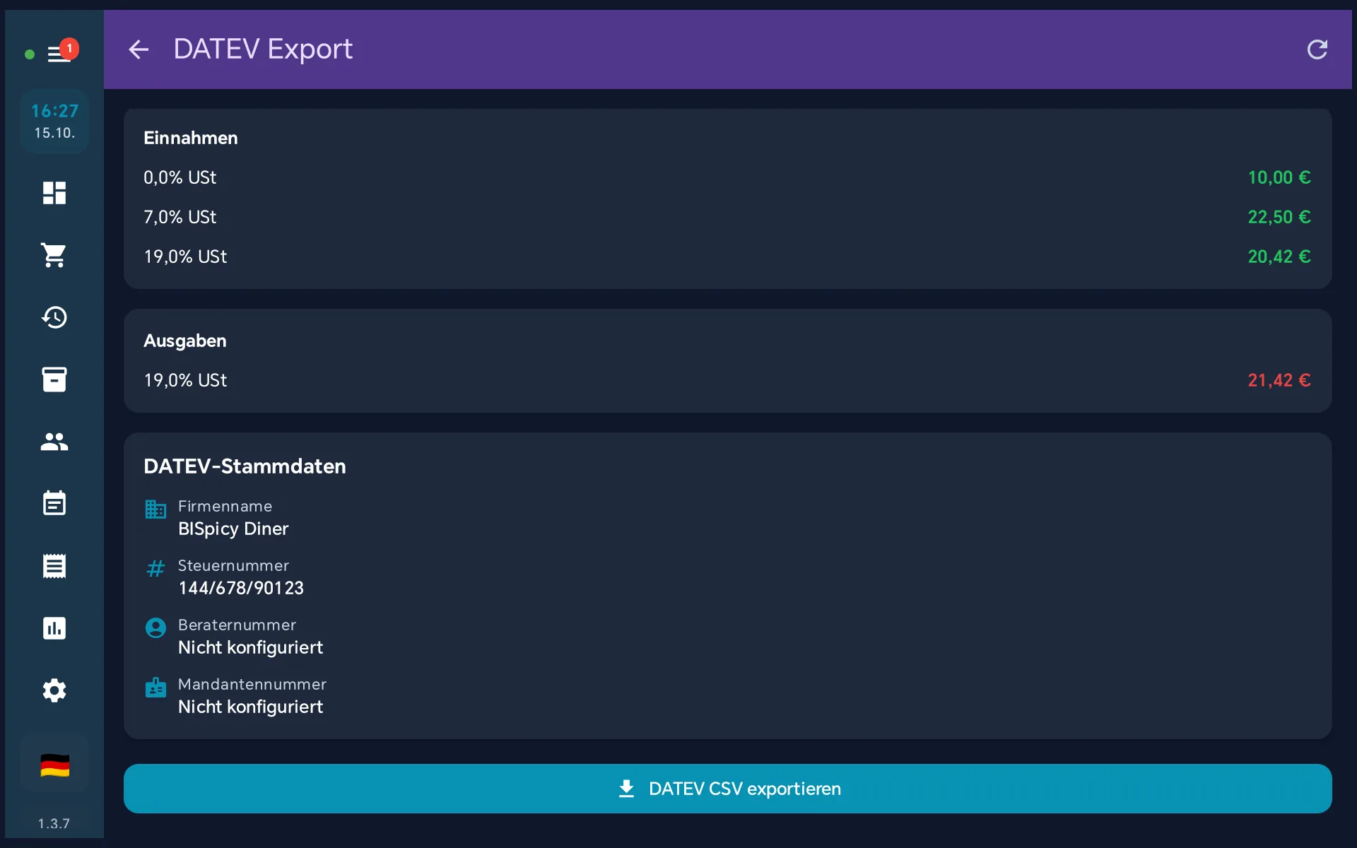 Unterer Teil des DATEV-Exports mit Umsatzsteuer-Aufschlüsselung, DATEV-Stammdaten (Firmenname, Steuernummer, Beraternummer und Mandantennummer nicht konfiguriert) und der Schaltfläche DATEV CSV exportieren