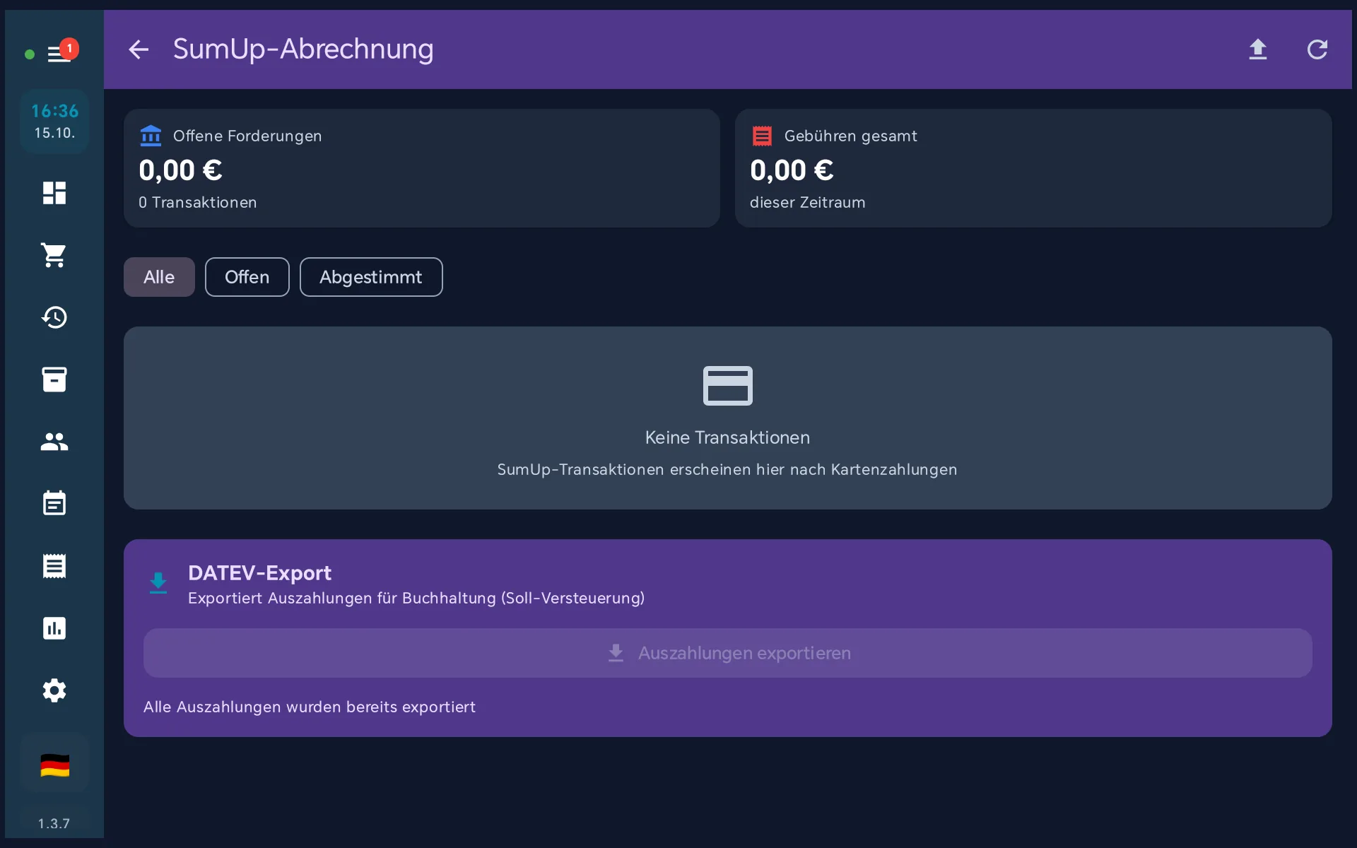 SumUp-Abrechnung der Kasse mit Offene Forderungen 0,00 Euro, Gebühren gesamt 0,00 Euro, Filter Alle, Offen, Abgestimmt, Hinweis Keine Transaktionen und Bereich DATEV-Export mit dem Knopf Auszahlungen exportieren
