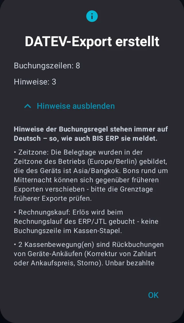 Fenster DATEV-Export erstellt mit Buchungszeilen 8, Hinweise 3, aufgeklappten Hinweisen der Buchungsregel zu Zeitzone, Rechnungskauf und Rückbuchungen von Geräte-Ankäufen und der Schaltfläche OK