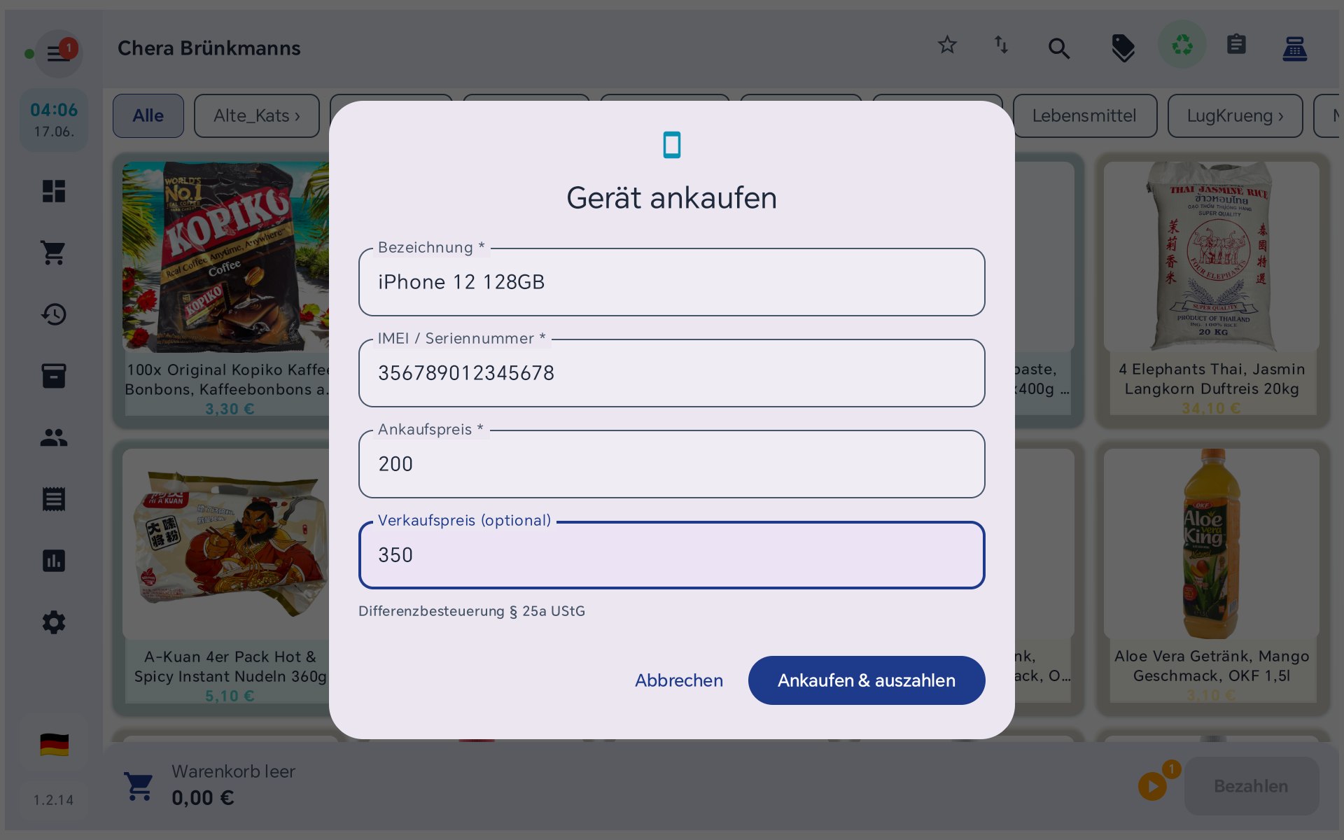 Ankauf-Dialog mit Bezeichnung, IMEI, Ankaufspreis und Verkaufspreis