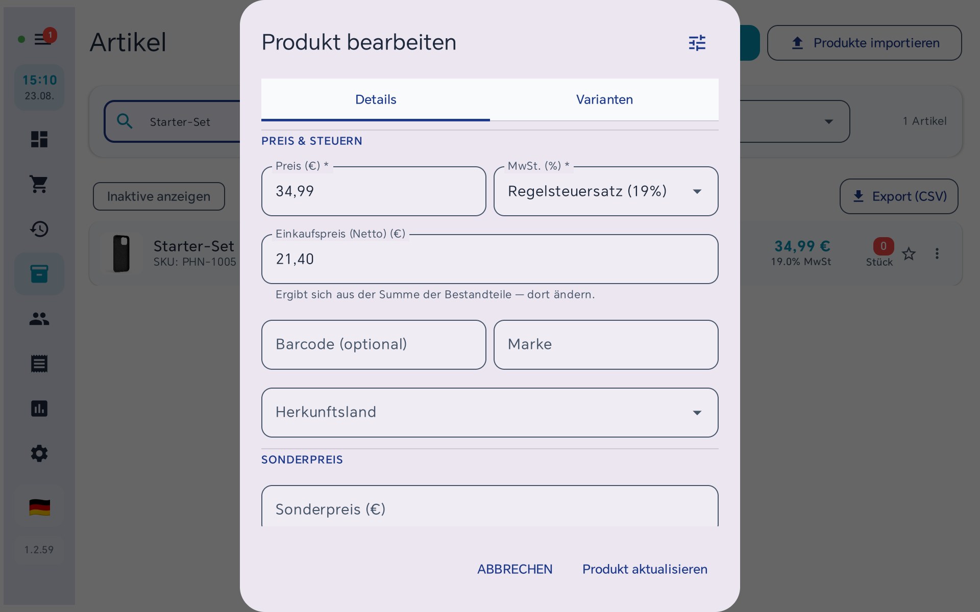 Artikeldetails einer Stückliste: Einkaufspreis schreibgeschützt, kein Wareneingang