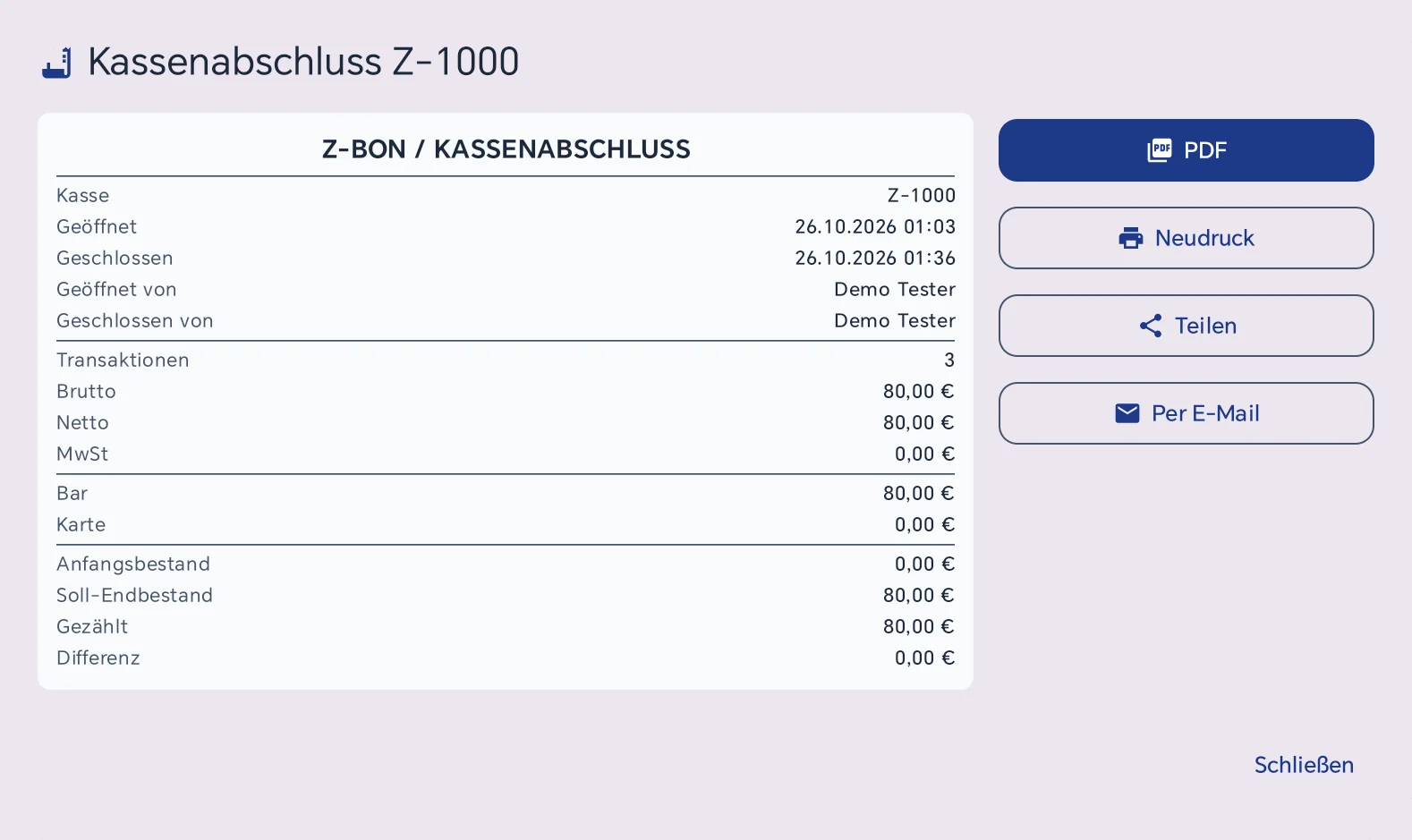 Dialog Kassenabschluss Z-1000 in der Verkaufshistorie mit Z-Bon-Zusammenfassung und den Knöpfen PDF, Neudruck, Teilen und Per E-Mail