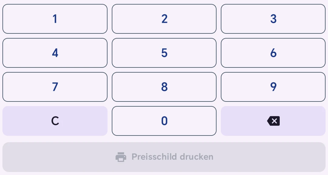 Ziffernblock von DirectPrint mit den Tasten 0 bis 9, C und Löschen, darunter der Knopf Preisschild drucken