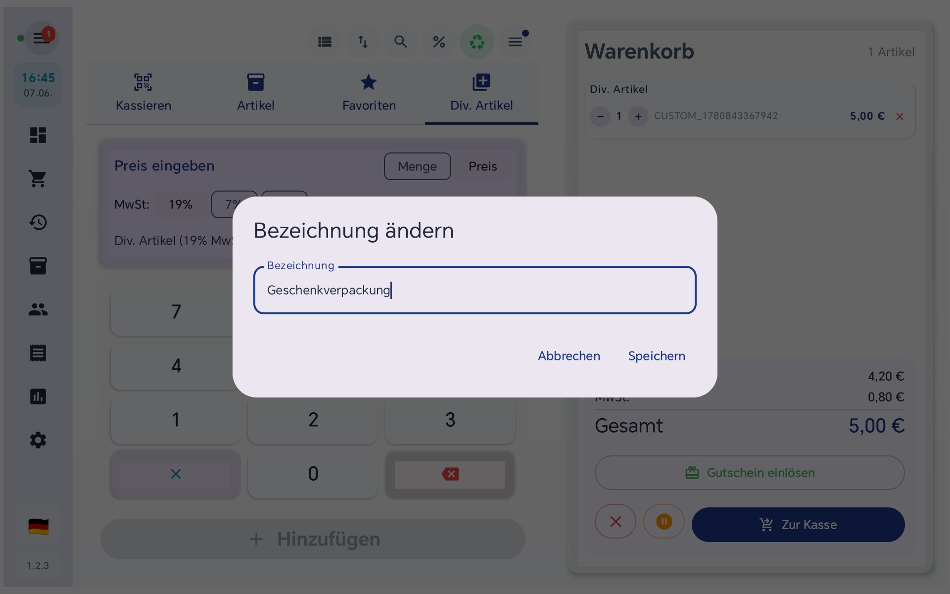 Dialog zum Umbenennen eines Div. Artikels