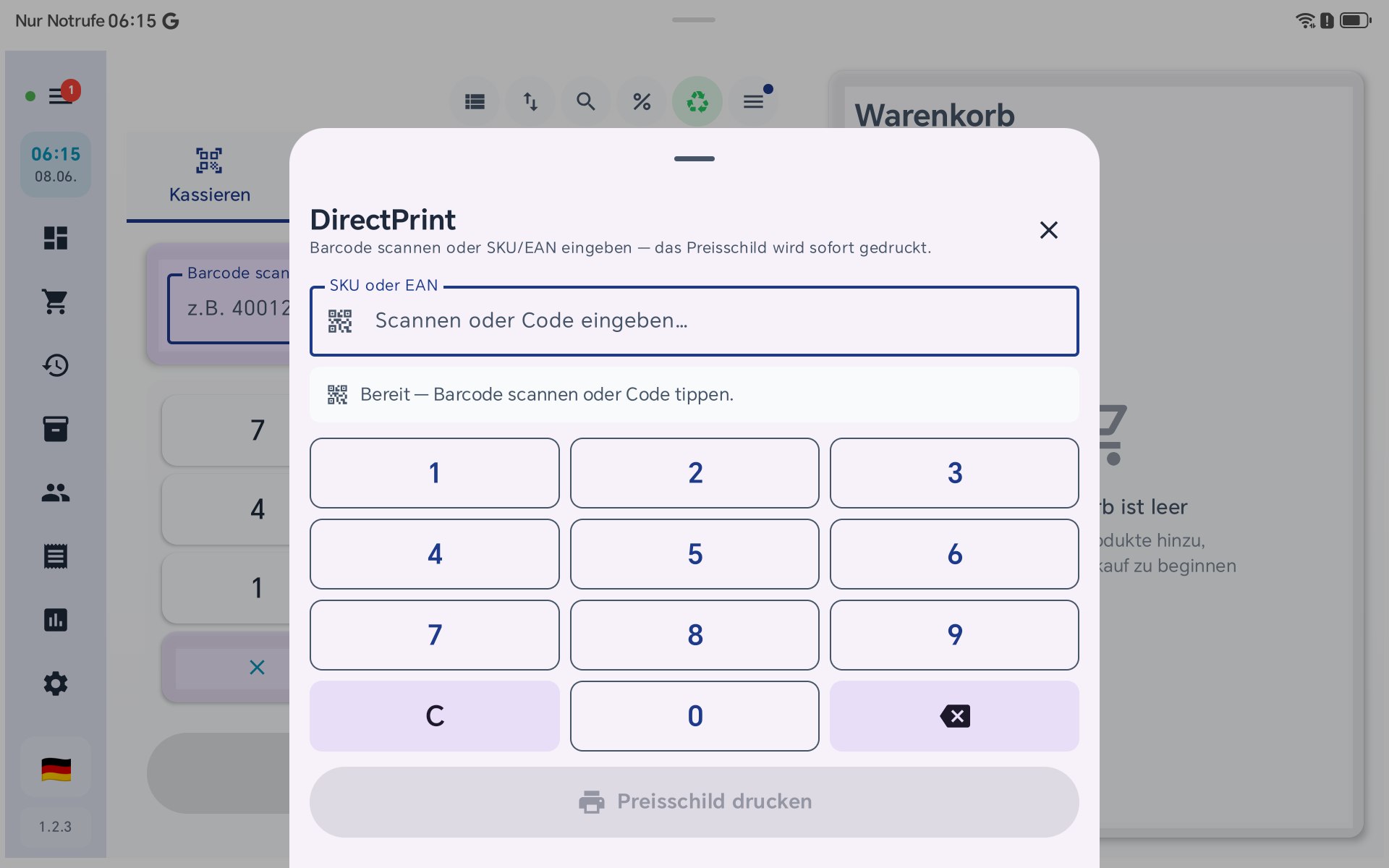 DirectPrint-Dialog mit SKU/EAN-Feld, Numpad und Druck-Button in BISpicy POS