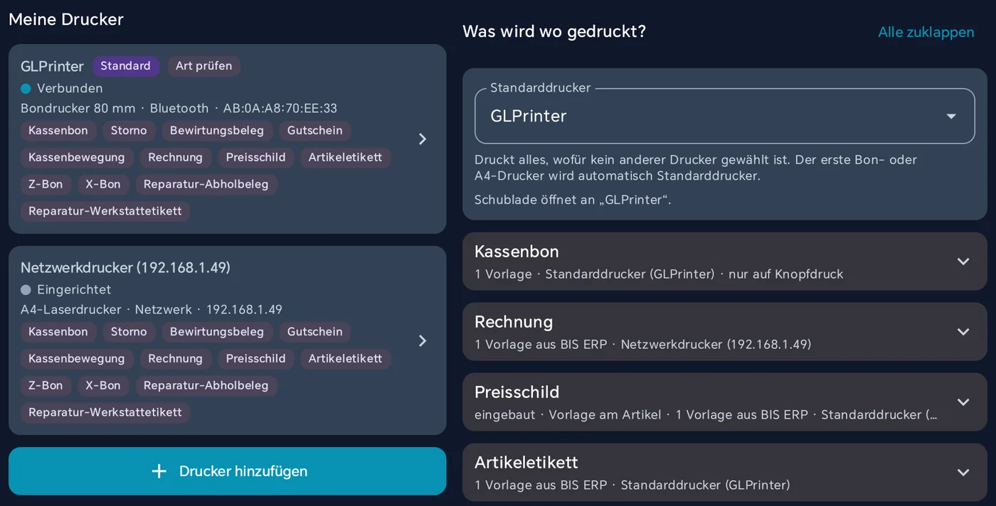 Drucker-Verwaltung: links Meine Drucker mit einem Bluetooth-Bondrucker als Standard und einem A4-Laserdrucker, rechts Was wird wo gedruckt mit Standarddrucker und den Gruppen Kassenbon, Rechnung, Preisschild und Artikeletikett