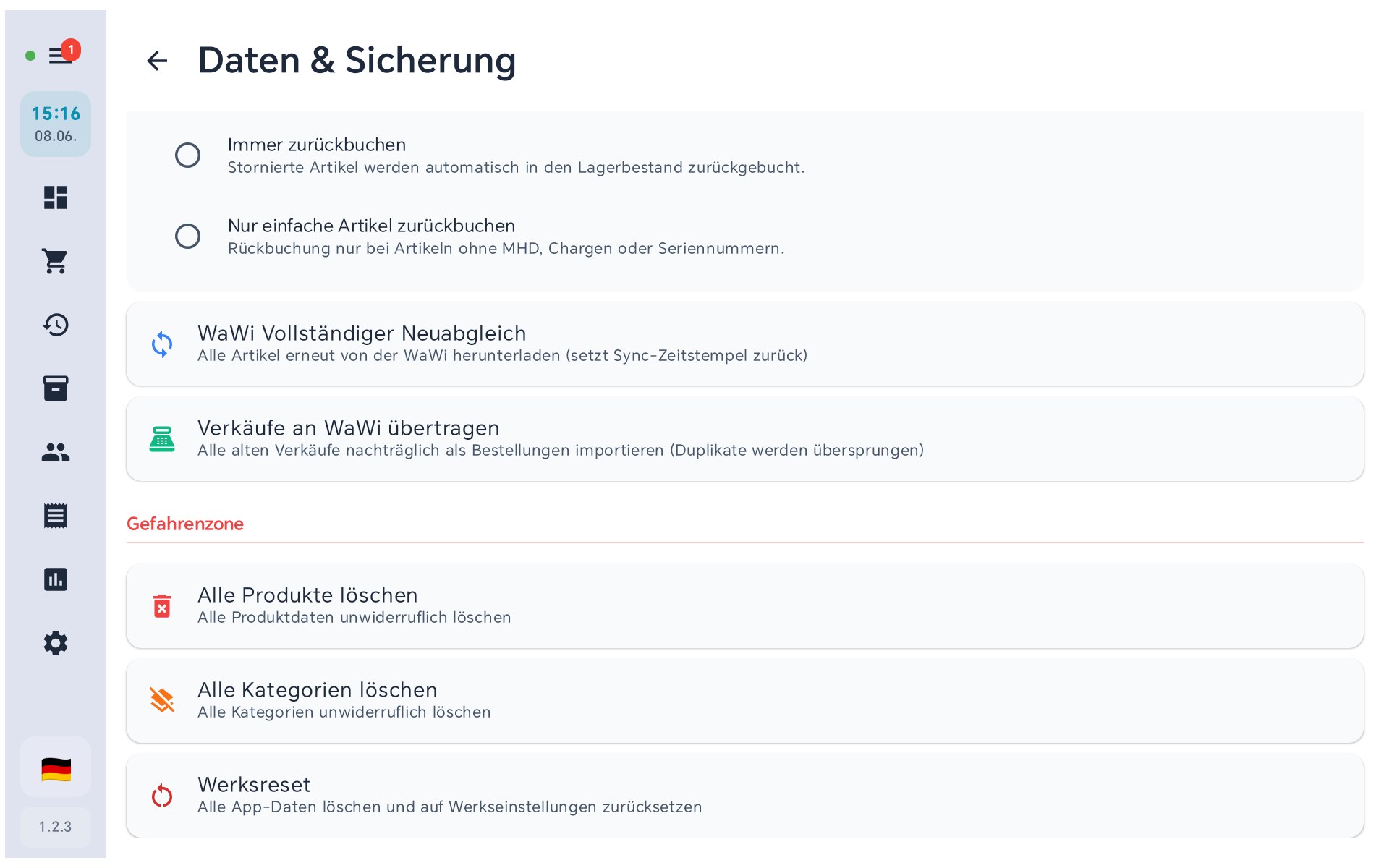 Gefahrenzone in BISpicy POS: Alle Produkte löschen, Alle Kategorien löschen, Werksreset