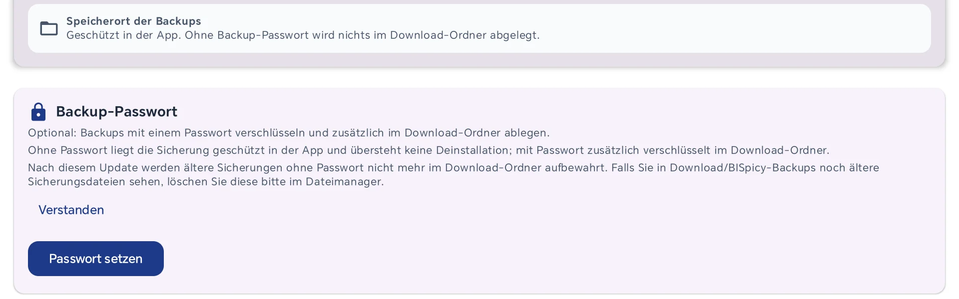 Backup-Einstellungen der Kasse: Knöpfe Alte Backups bereinigen, Backup wiederherstellen, Backup exportieren / sichern und Aus Datei wiederherstellen, darunter Speicherort der Backups: Geschützt in der App. Ohne Backup-Passwort wird nichts im Download-Ordner abgelegt. Darunter der Bereich Backup-Passwort mit Erklärung, dem Hinweis zu älteren Sicherungen im Download-Ordner, dem Knopf Verstanden und dem Knopf Passwort setzen