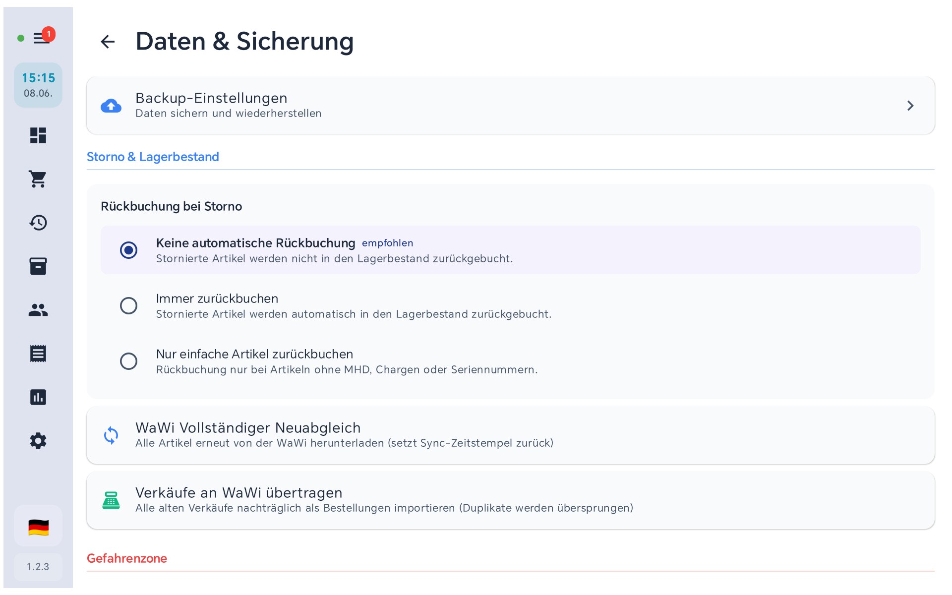 Daten & Sicherung in BISpicy POS: Backup-Einstellungen, Storno-Rückbuchung, WaWi-Neuabgleich, Verkäufe übertragen