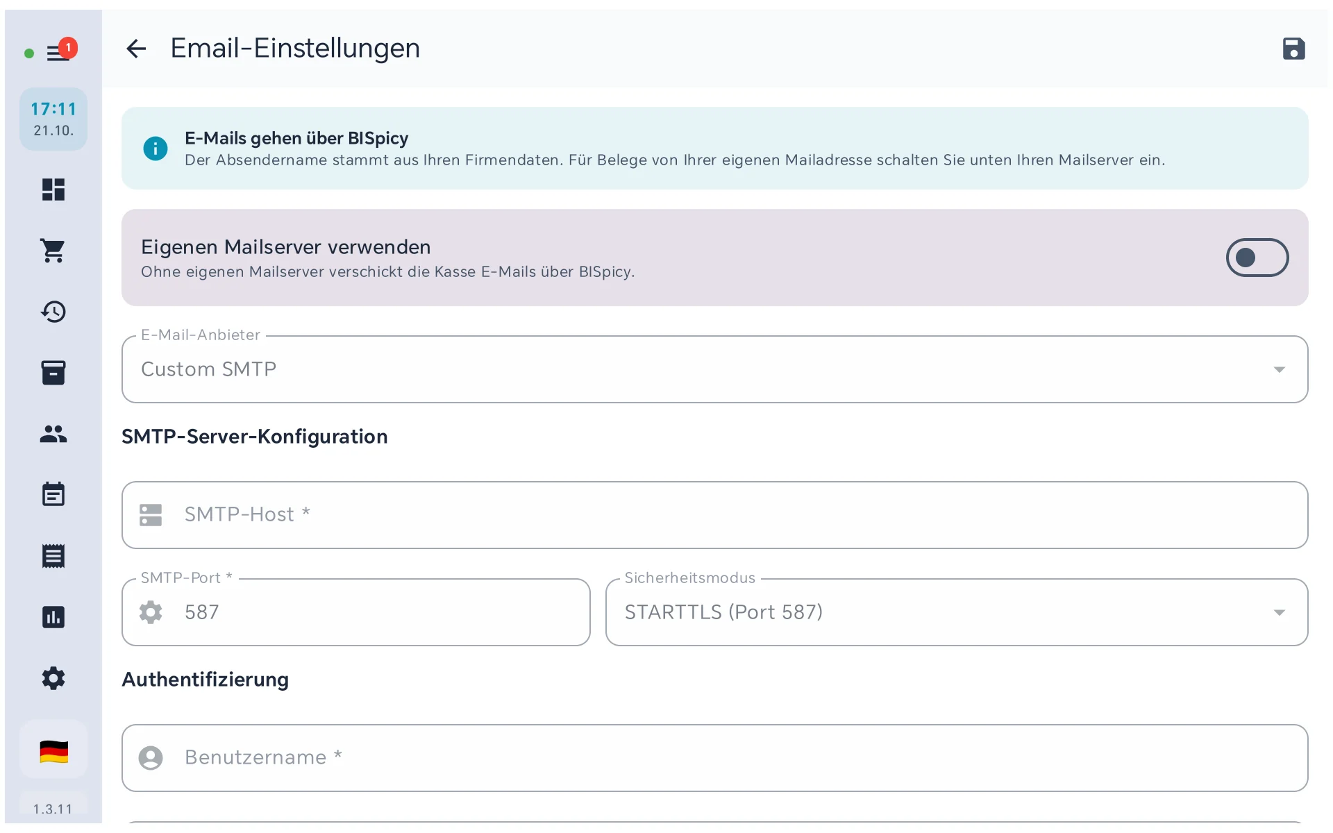 Kasse, Email-Einstellungen: Hinweis E-Mails gehen über BISpicy, Schalter Eigenen Mailserver verwenden ausgeschaltet, darunter E-Mail-Anbieter Custom SMTP, leeres Feld SMTP-Host, Port 587, Sicherheitsmodus STARTTLS und Benutzername