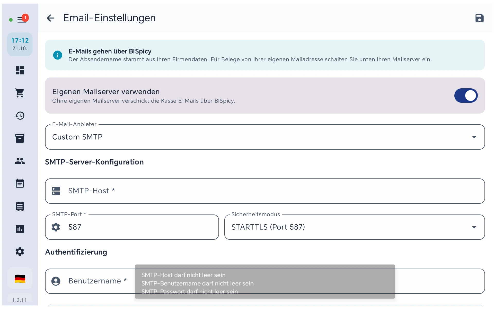 Email-Einstellungen mit der Meldung SMTP-Host darf nicht leer sein, SMTP-Benutzername darf nicht leer sein, SMTP-Passwort darf nicht leer sein