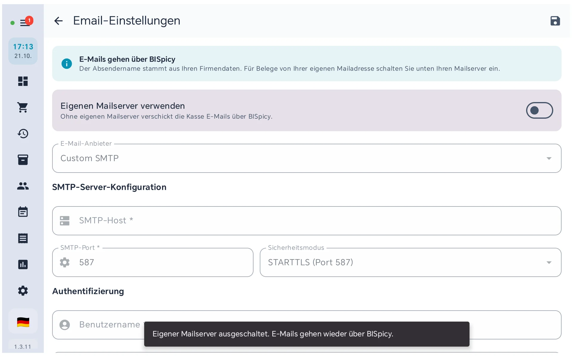 Email-Einstellungen mit ausgeschaltetem Schalter und der Meldung Eigener Mailserver ausgeschaltet, E-Mails gehen wieder über BISpicy
