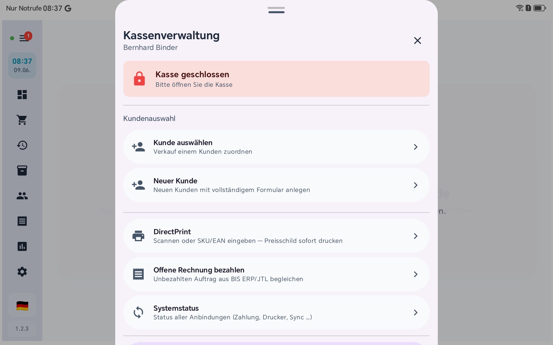 Kassenverwaltungs-Menü in BISpicy POS mit dem Eintrag „Offene Rechnung bezahlen — Unbezahlten Auftrag aus BIS ERP/JTL begleichen“