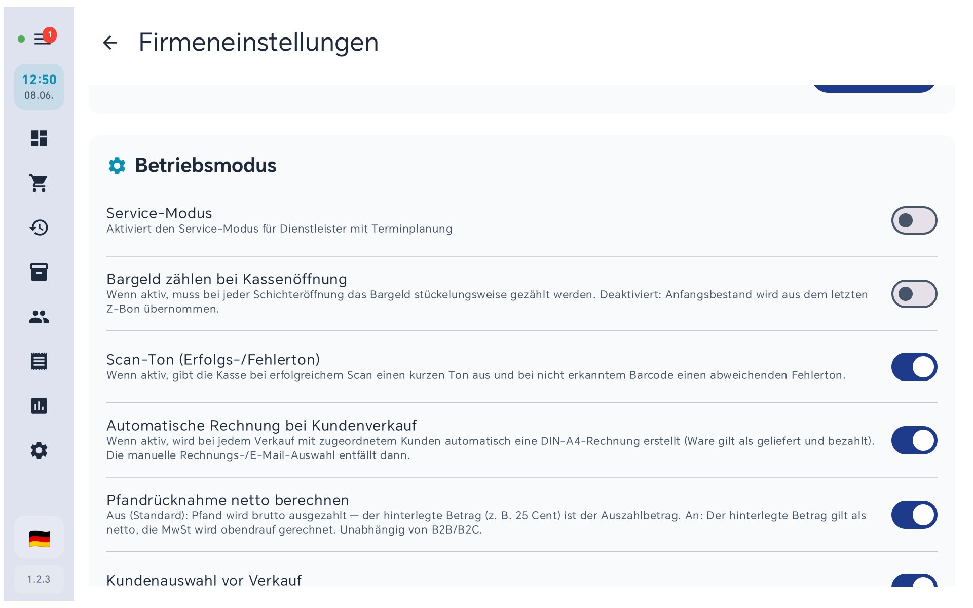 Betriebsmodus in BISpicy POS: Service-Modus, Bargeld zählen bei Kassenöffnung, Scan-Ton, automatische Rechnung, Pfandrücknahme netto