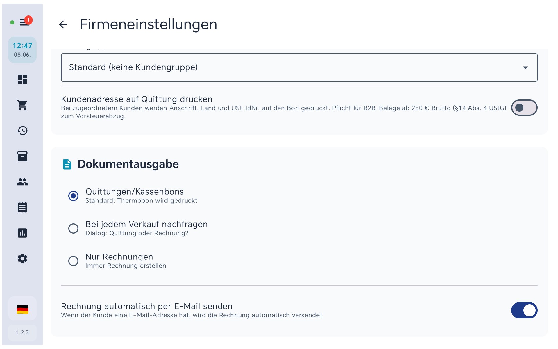 Dokumentausgabe in BISpicy POS: Quittungen, bei jedem Verkauf nachfragen oder nur Rechnungen, plus automatischer E-Mail-Versand