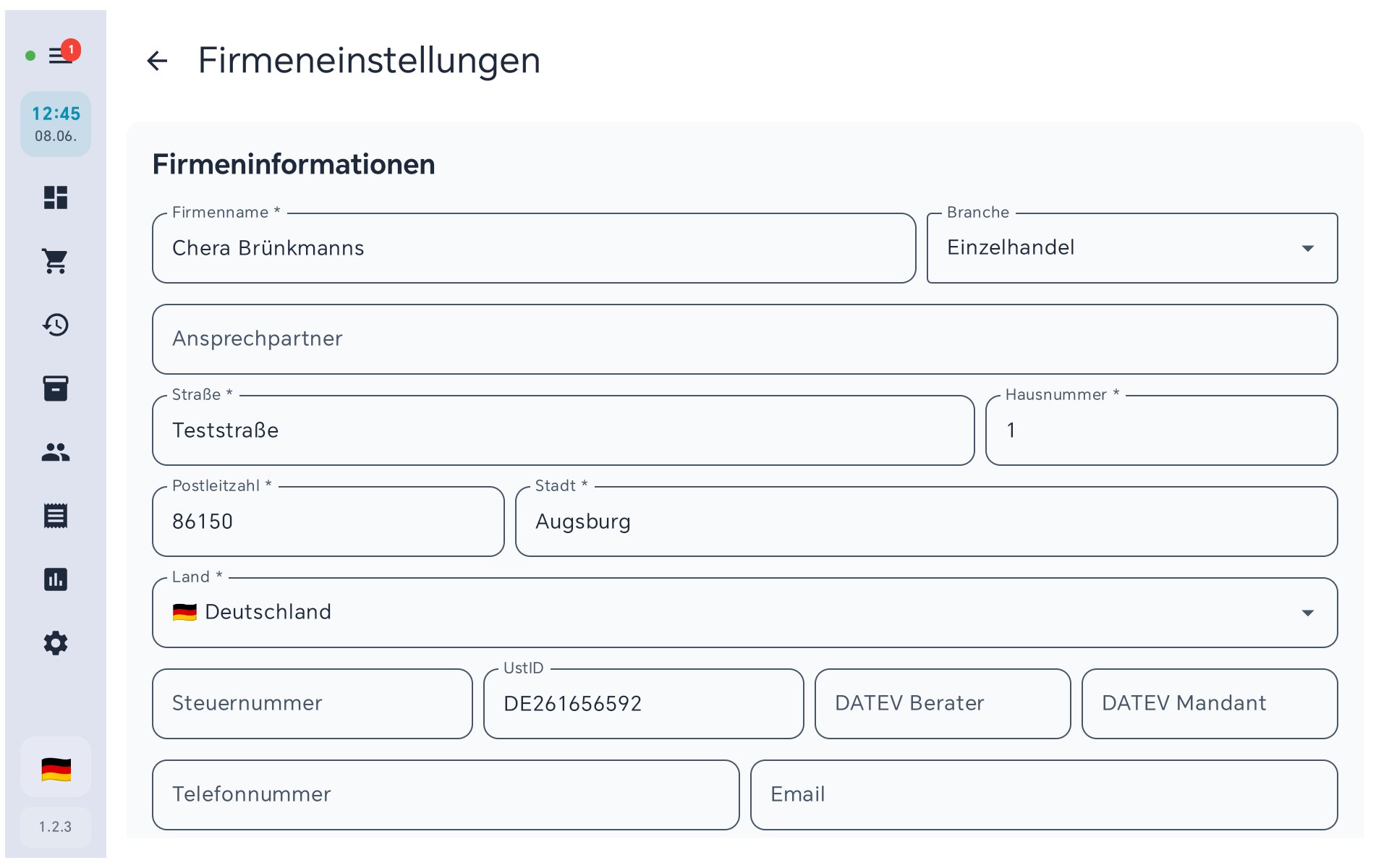 Firmeninformationen in BISpicy POS: Firmenname, Branche, Anschrift, Land, Steuernummer und USt-IdNr.