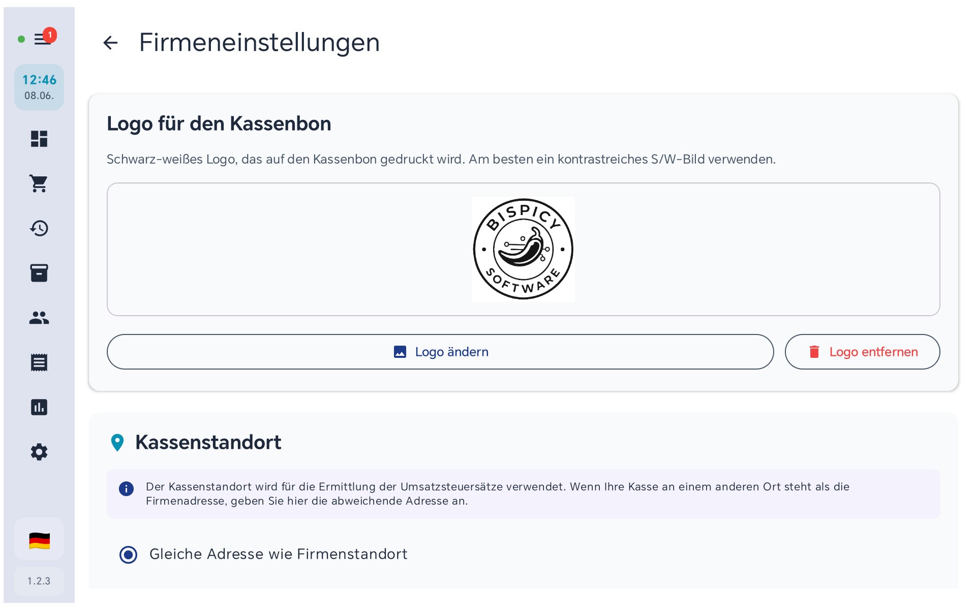 Logo für den Kassenbon hochladen und Kassenstandort in BISpicy POS