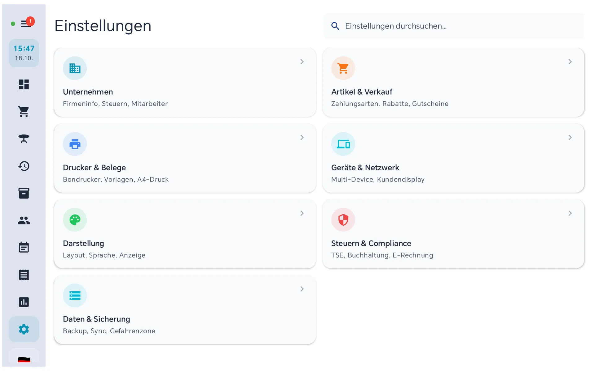 Einstellungen der Kasse mit den Kacheln Unternehmen, Artikel und Verkauf, Drucker und Belege, Geräte und Netzwerk, Darstellung, Steuern und Compliance sowie Daten und Sicherung