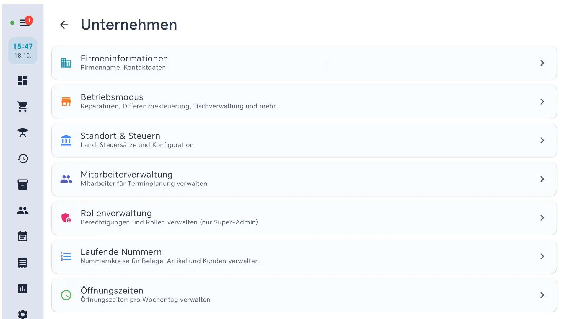 Seite Unternehmen mit den Einträgen Firmeninformationen, Betriebsmodus, Standort und Steuern, Mitarbeiterverwaltung, Rollenverwaltung, Laufende Nummern und Öffnungszeiten