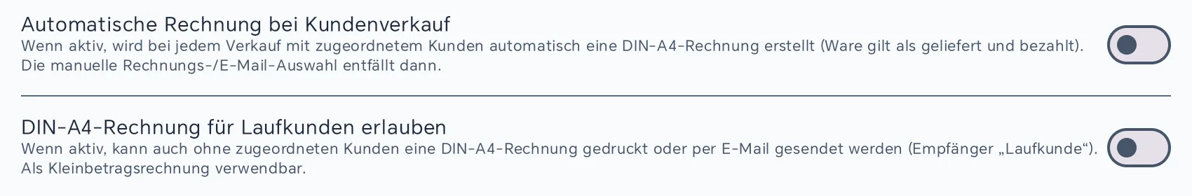 Schalter Automatische Rechnung bei Kundenverkauf und DIN-A4-Rechnung für Laufkunden erlauben mit ihren Beschreibungen im Betriebsmodus
