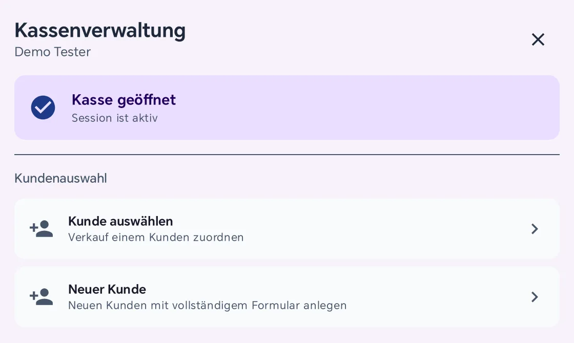 Kassenverwaltung mit Kasse geöffnet und dem Abschnitt Kundenauswahl mit den Einträgen Kunde auswählen und Neuer Kunde
