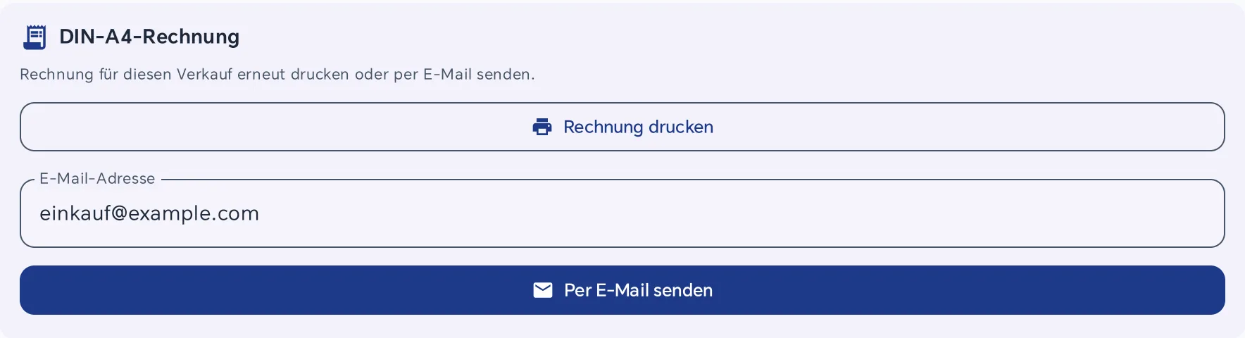 Bereich DIN-A4-Rechnung in den Verkaufsdetails mit dem Hinweis Rechnung für diesen Verkauf erneut drucken oder per E-Mail senden, dem Knopf Rechnung drucken, dem Feld E-Mail-Adresse mit einkauf@example.com und dem Knopf Per E-Mail senden
