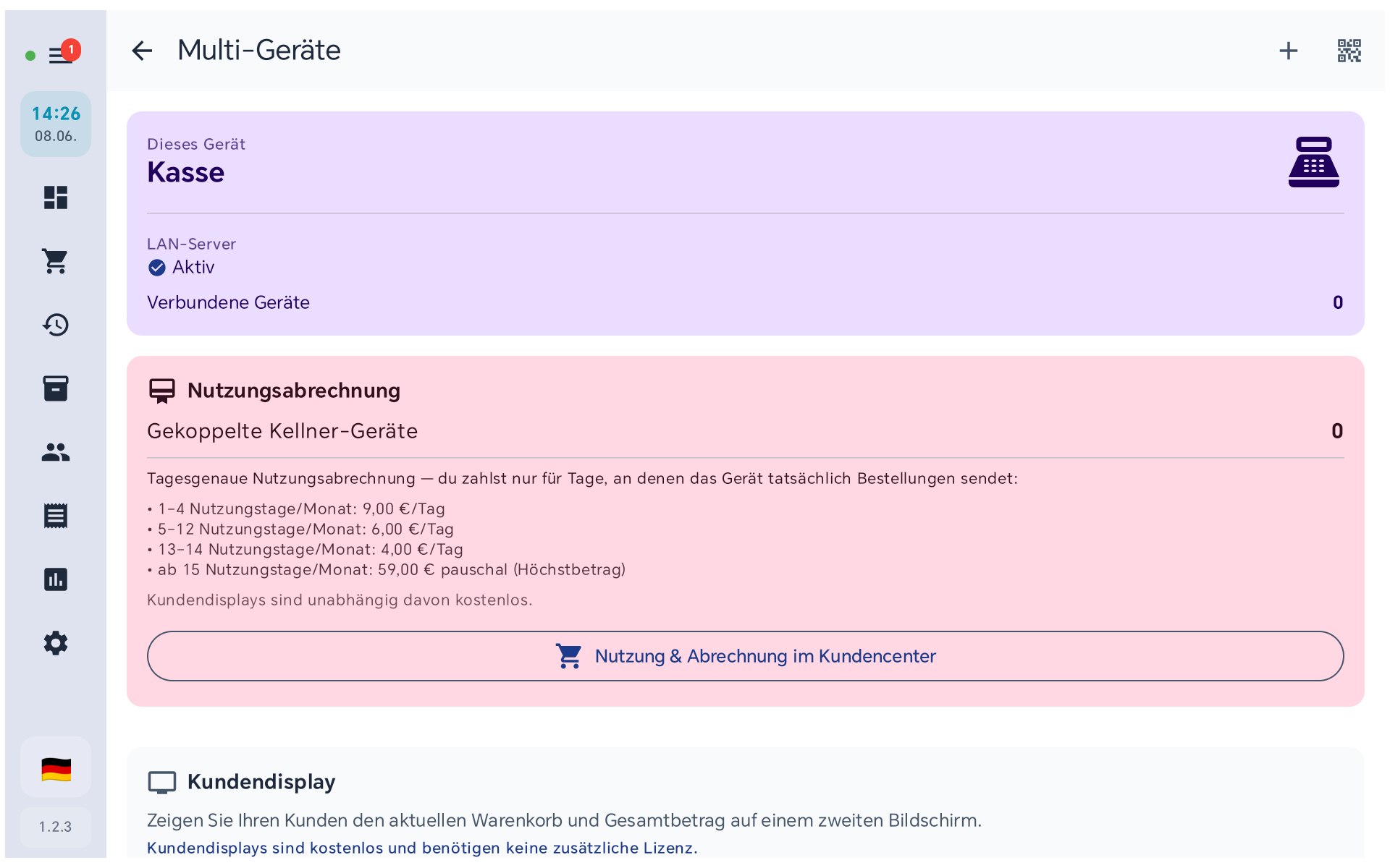 Multi-Geräte in BISpicy POS: dieses Gerät als Kasse, LAN-Server aktiv, Kopplung per QR, tagesgenaue Nutzungsabrechnung
