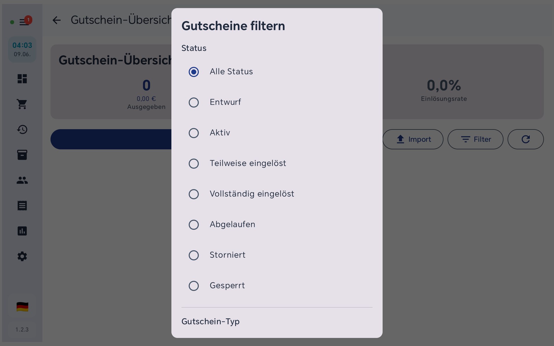 Gutscheine filtern in BISpicy POS: Status Alle/Entwurf/Aktiv/Teilweise eingelöst/Vollständig eingelöst/Abgelaufen/Storniert/Gesperrt und Gutschein-Typ