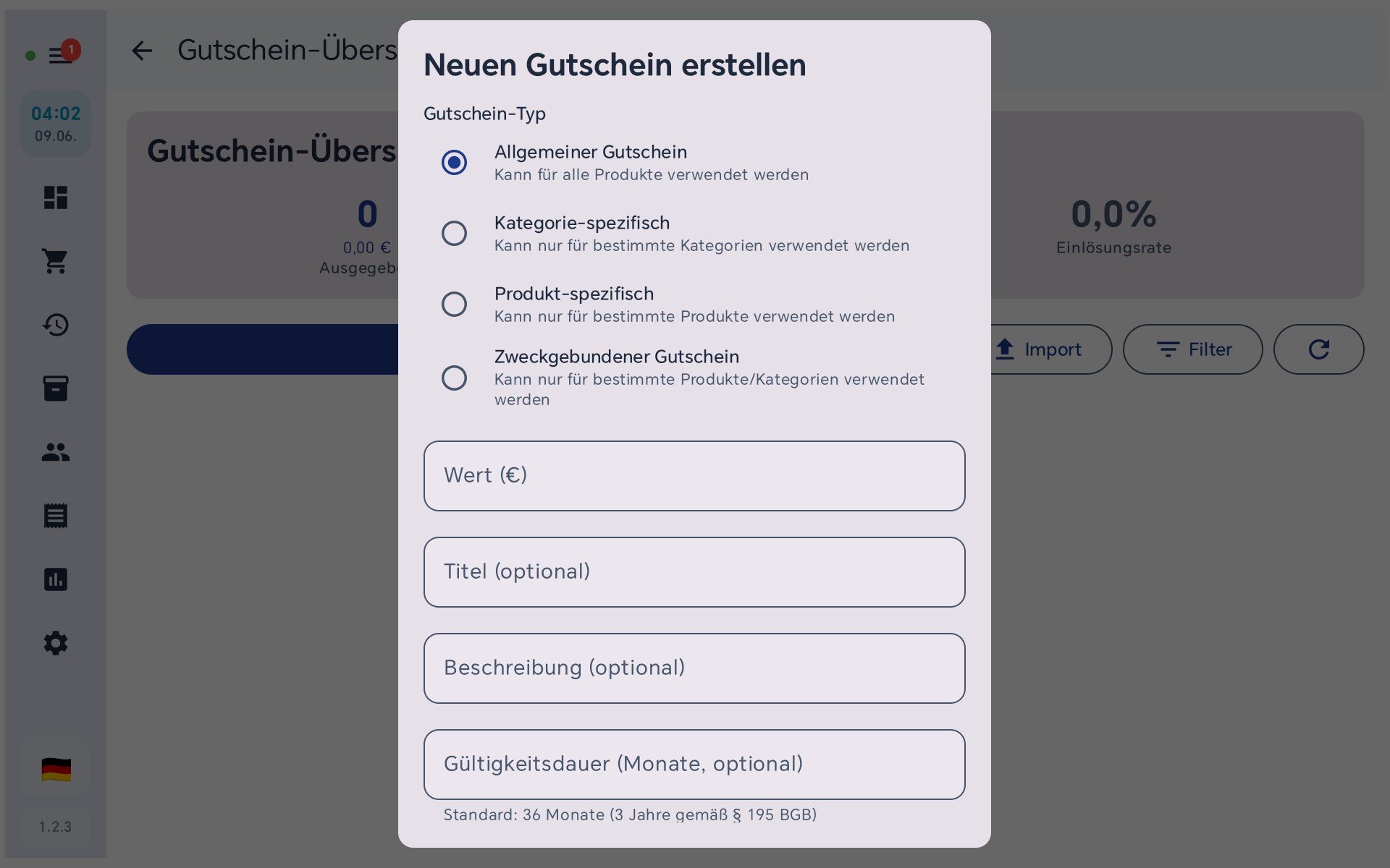 Neuen Gutschein erstellen in BISpicy POS: Gutschein-Typ (Allgemein, Kategorie, Produkt, Zweckgebunden), Wert, Titel, Beschreibung, Gültigkeitsdauer
