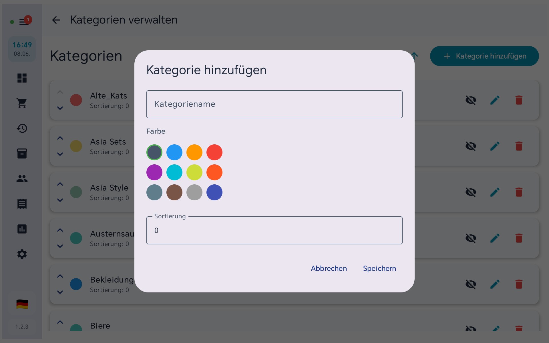 Kategorie hinzufügen in BISpicy POS: Kategoriename, Farbauswahl mit 12 Farben und Sortierung
