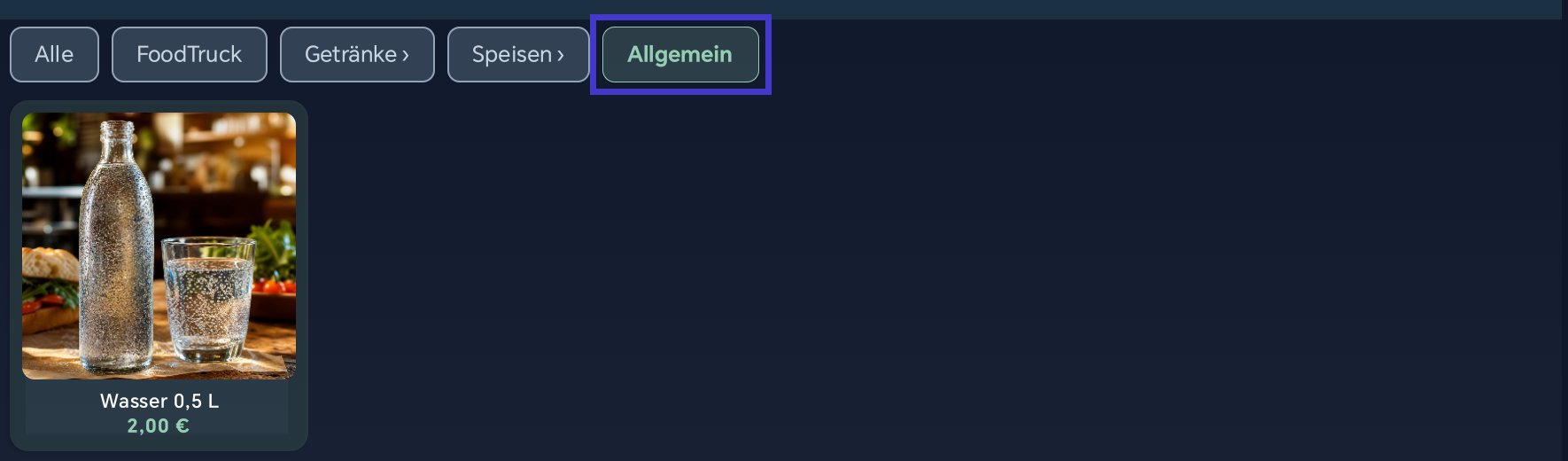 Kategorieleiste der Kasse mit markierter Gruppe Allgemein, darin ein einzelner Artikel Wasser 0,5 L