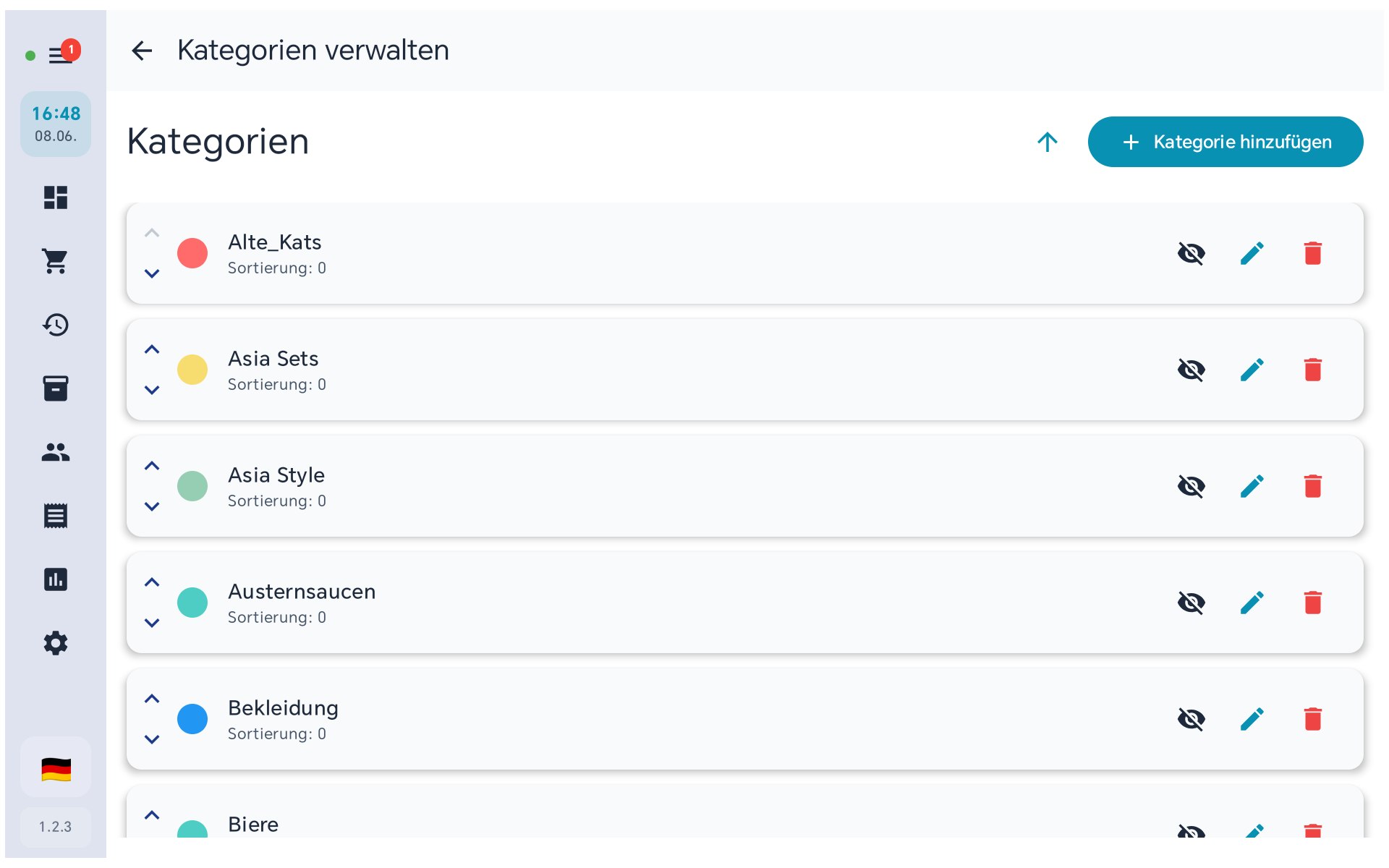 Kategorien verwalten in BISpicy POS: Liste mit Farbpunkt, Name, Sortierung und Aktionen Auge/Stift/Papierkorb