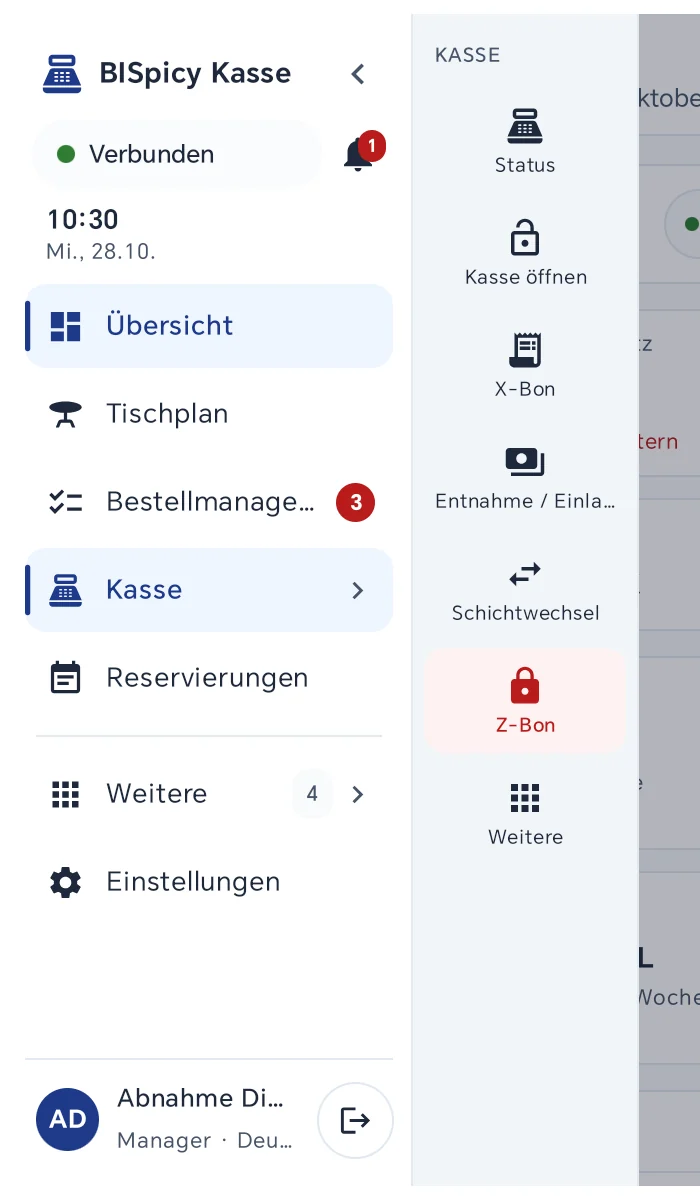Seitenleiste mit geöffneter Spalte KASSE: Status, Kasse öffnen, X-Bon, Entnahme / Einlage, Schichtwechsel, Z-Bon in Rot und Weitere