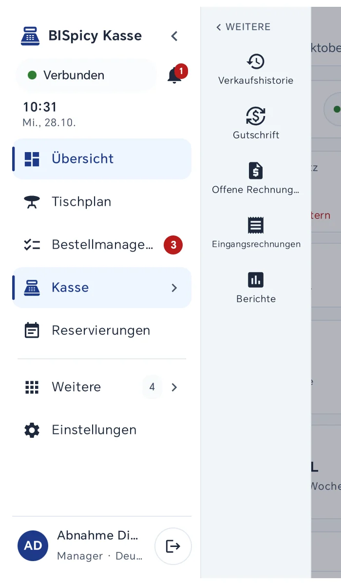Zweite Seite der Spalte nach Weitere: Verkaufshistorie, Gutschrift, Offene Rechnungen, Eingangsrechnungen und Berichte