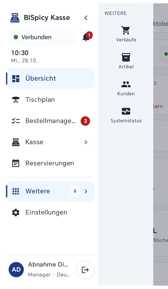 Seitenleiste mit geöffneter Spalte WEITERE: Verkäufe, Artikel, Kunden und Systemstatus