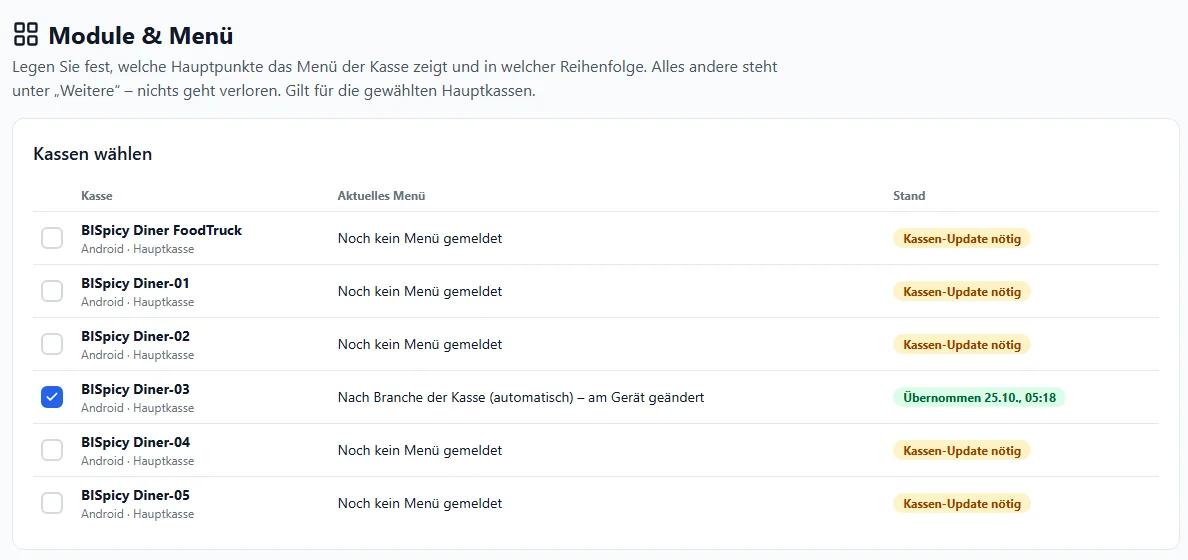Kundencenter, Kassen, Module und Menü: Liste Kassen wählen mit sechs Hauptkassen; bei einer steht Nach Branche der Kasse (automatisch) – am Gerät geändert und Übernommen, bei den anderen Noch kein Menü gemeldet und Kassen-Update nötig