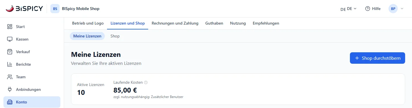 Kundencenter, Konto, Lizenzen und Shop, Unterreiter Meine Lizenzen: Übersicht mit Anzahl aktiver Lizenzen und laufenden Kosten, rechts der Knopf Shop durchstöbern