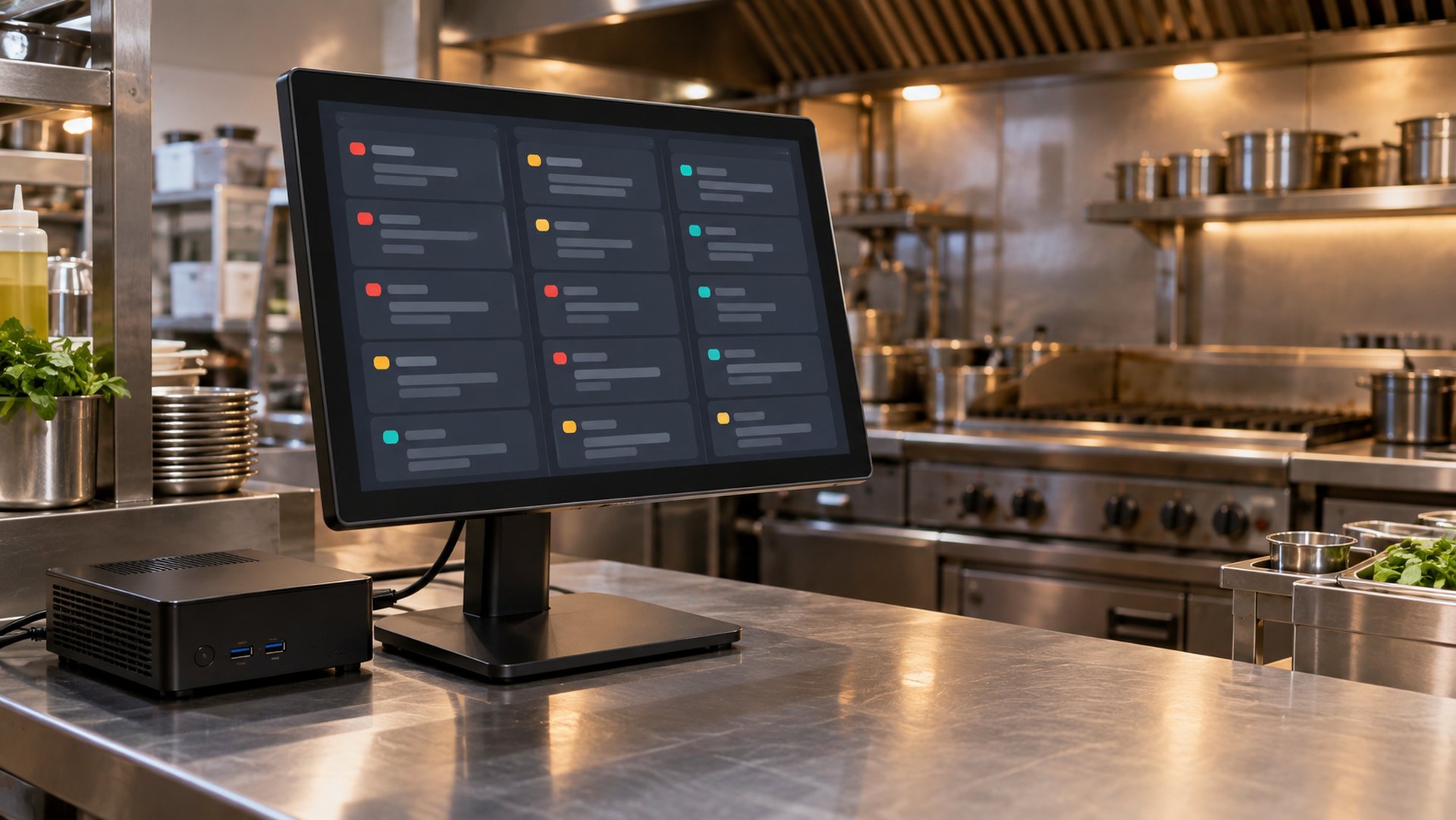 Touch-Bildschirm auf einer Edelstahl-Arbeitsfläche in einer Gastronomieküche, darauf ein dunkles Board mit Bestellkarten in drei Spalten