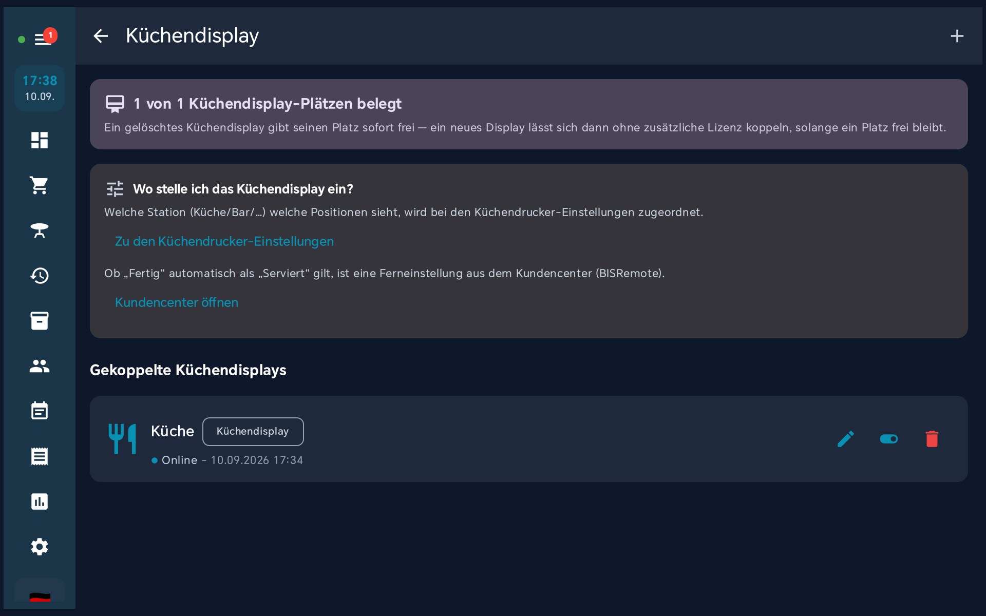 Bildschirm der Kasse mit der Überschrift Küchendisplay, einer Anzeige der belegten Lizenzplätze und der Liste gekoppelter Displays