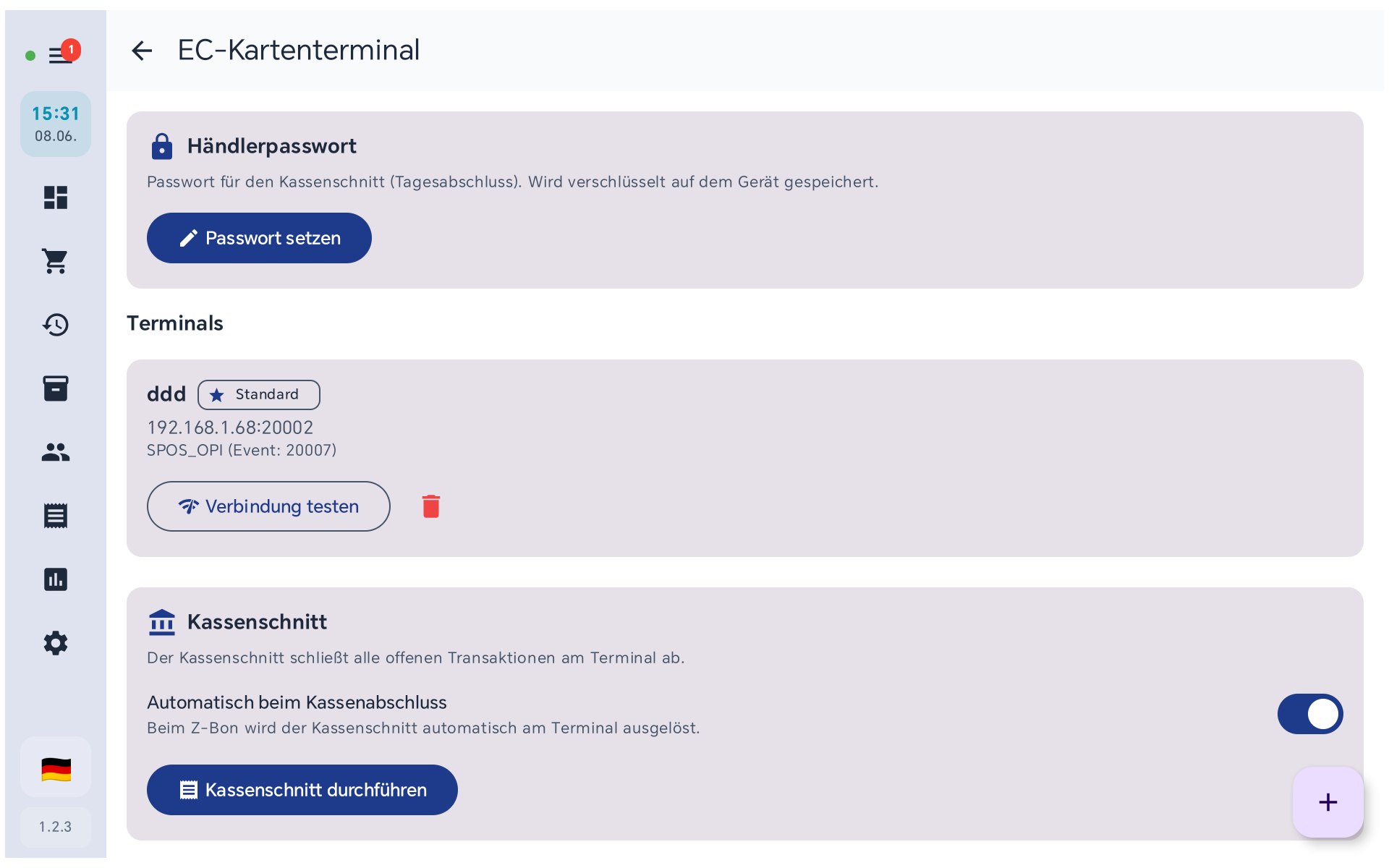EC-Kartenterminal in BISpicy POS: Händlerpasswort, Terminal-Liste mit Verbindung testen, Kassenschnitt automatisch beim Z-Bon