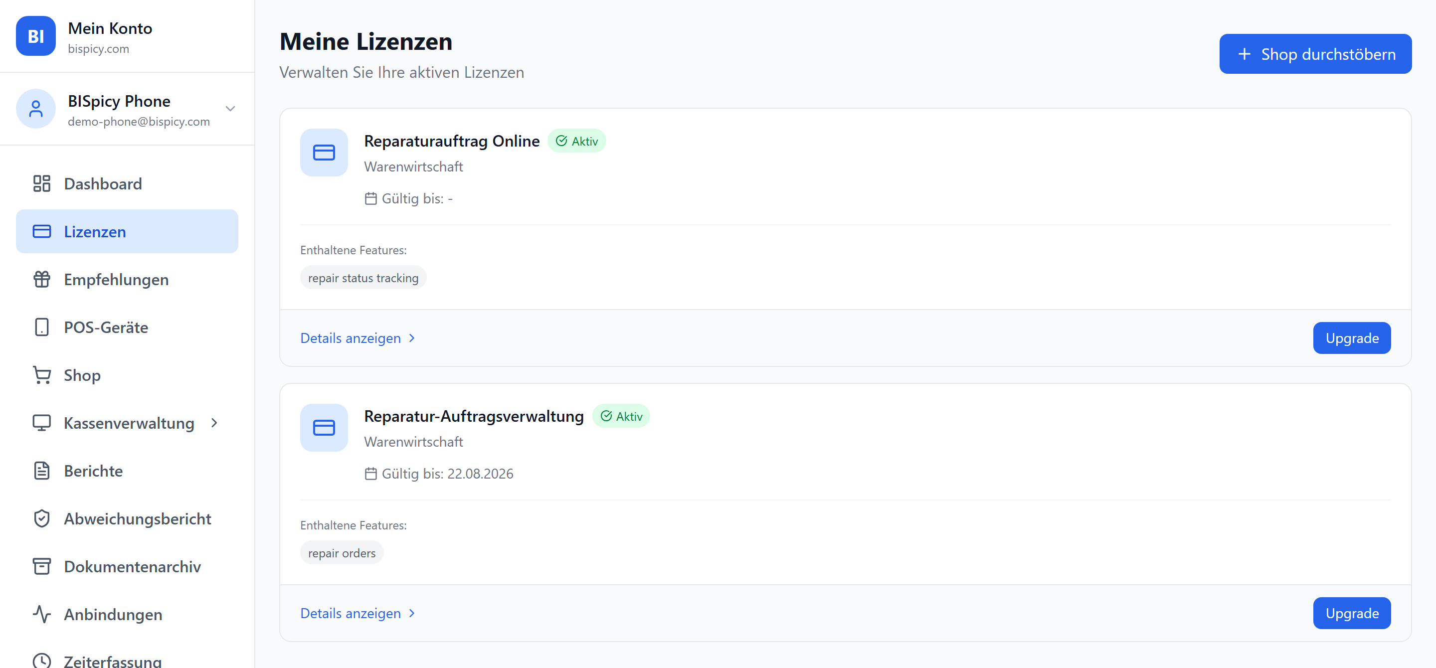 Kundencenter-Seite Meine Lizenzen mit Reparaturauftrag Online und Reparatur-Auftragsverwaltung, beide aktiv