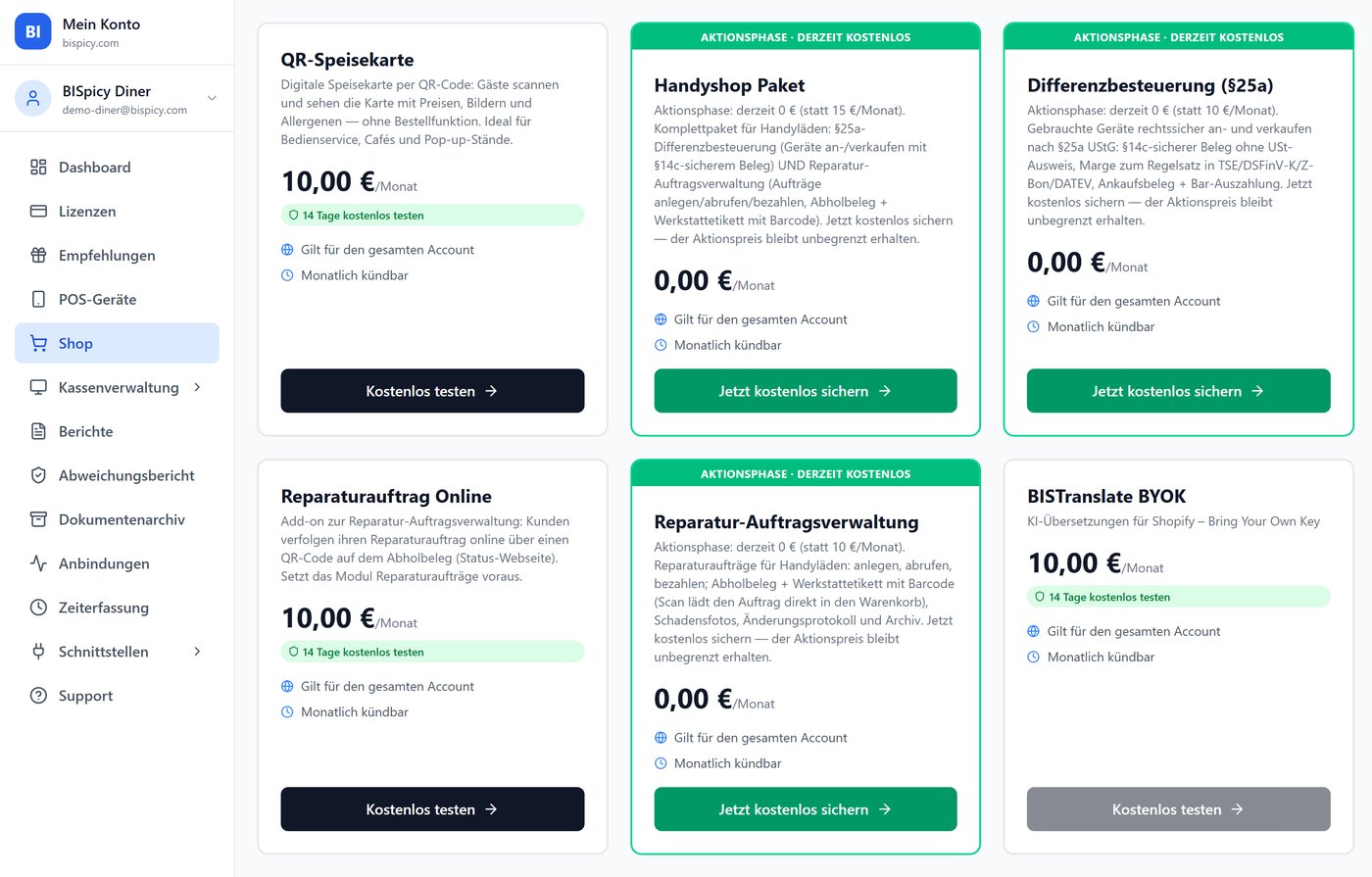 Shop-Zusatzmodule mit den Karten Handyshop Paket, Reparaturauftrag Online und Reparatur-Auftragsverwaltung samt Buttons