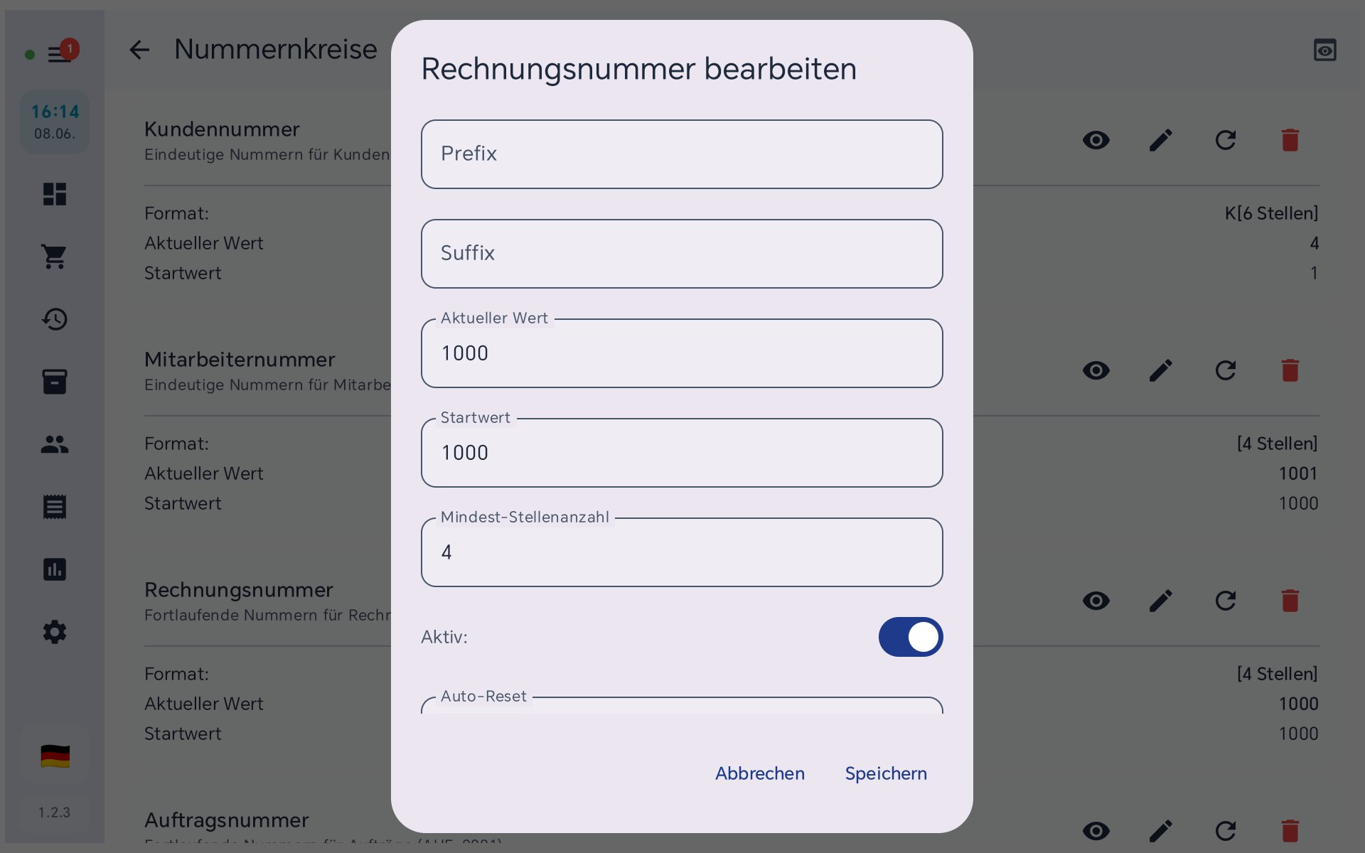 Nummernkreis bearbeiten in BISpicy POS: Präfix, Suffix, aktueller Wert, Startwert, Mindest-Stellenanzahl, Auto-Reset