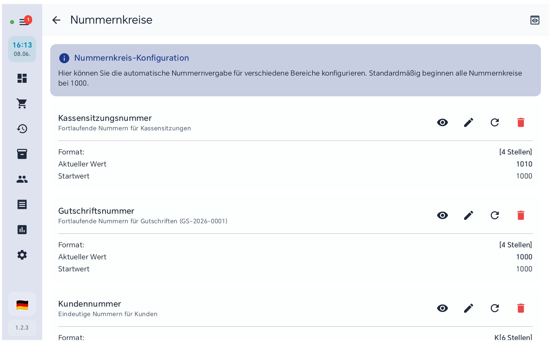 Nummernkreise in BISpicy POS: Kassensitzung, Gutschrift, Kundennummer mit Format, aktuellem Wert und Startwert