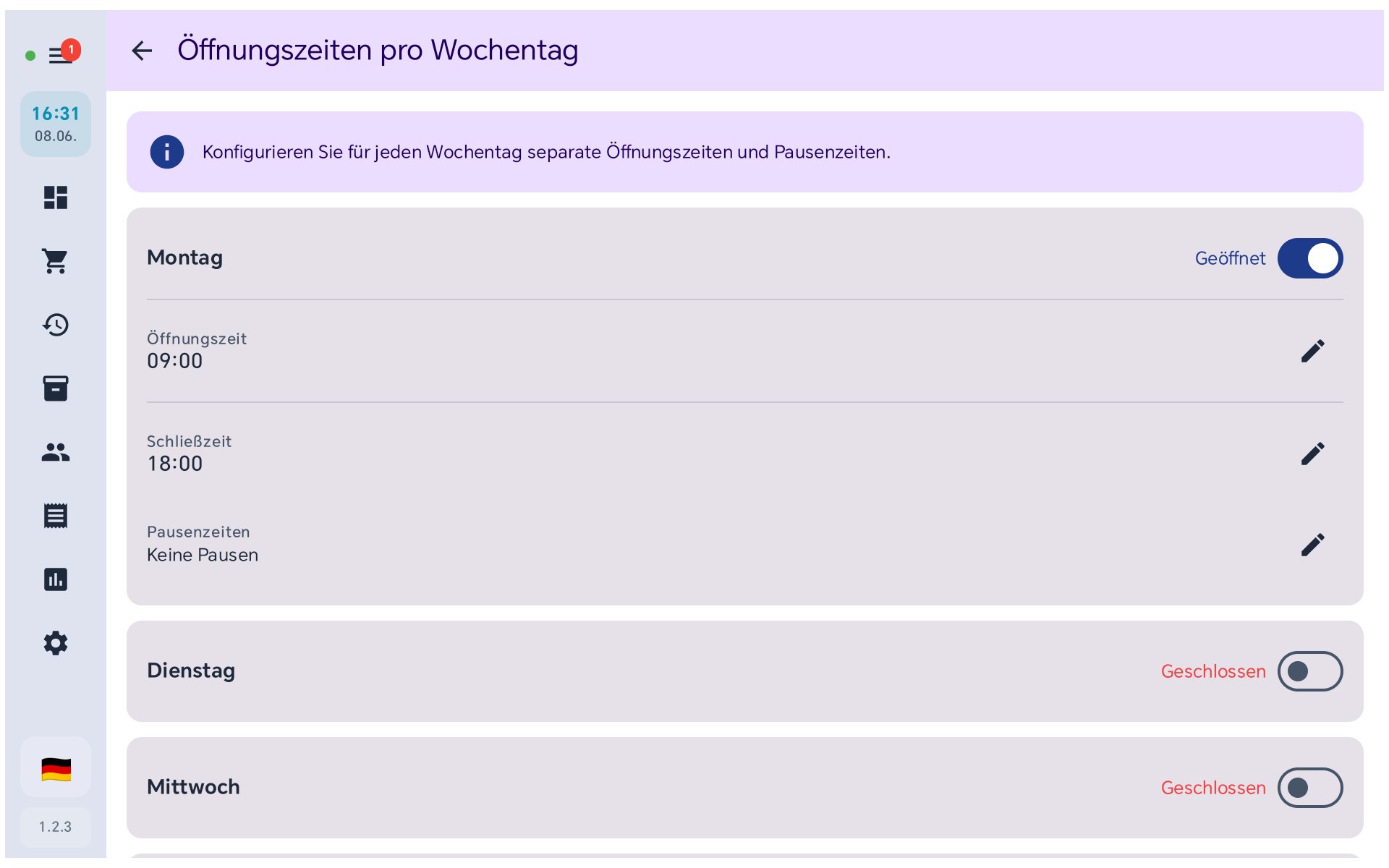 Geöffneter Tag in BISpicy POS mit Öffnungszeit 09:00, Schließzeit 18:00 und Pausenzeiten