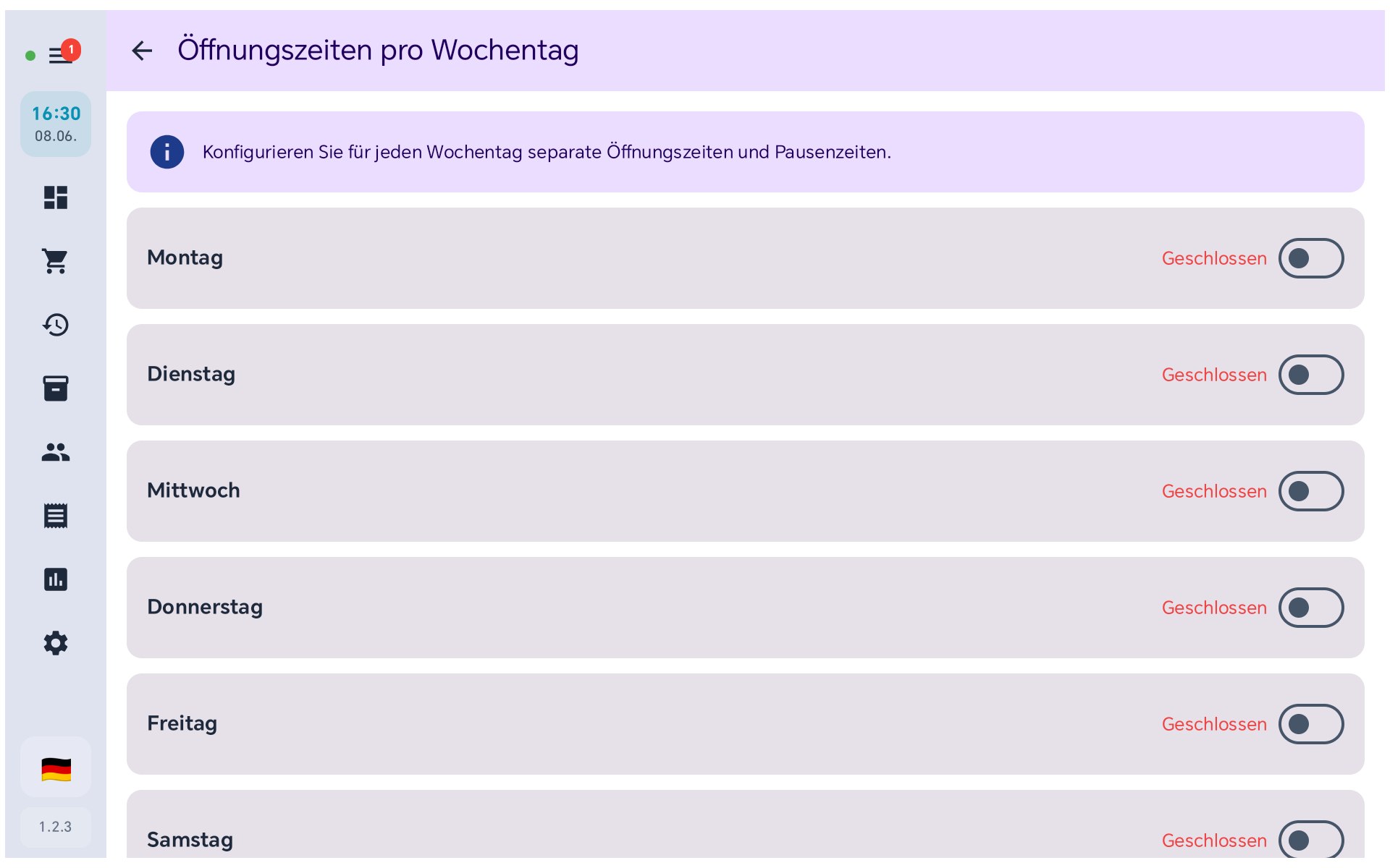 Öffnungszeiten pro Wochentag in BISpicy POS: Montag bis Samstag, jeweils mit Geöffnet/Geschlossen-Schalter