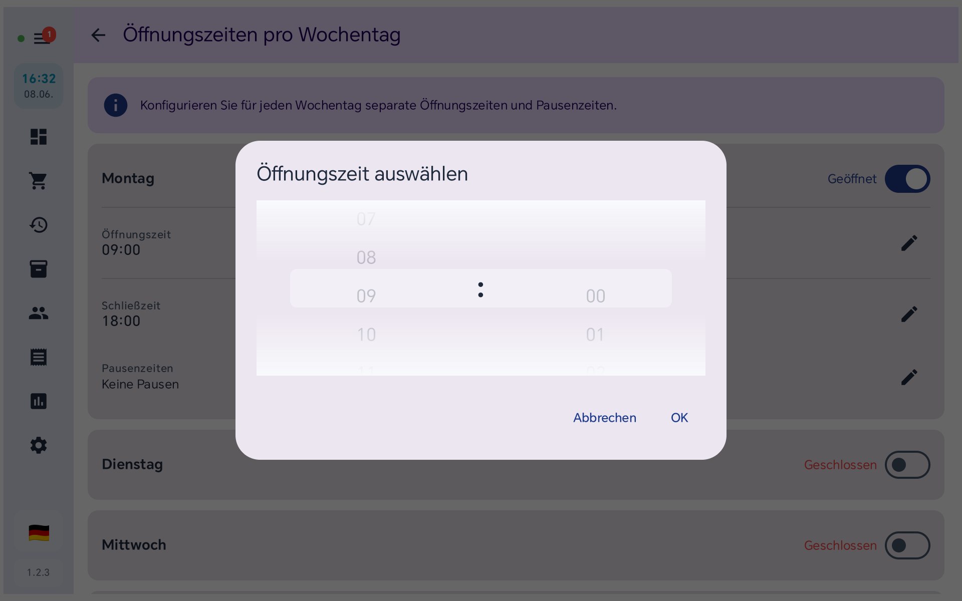 Zeit-Auswahl in BISpicy POS: Stunden- und Minuten-Rad zur Auswahl der Öffnungszeit