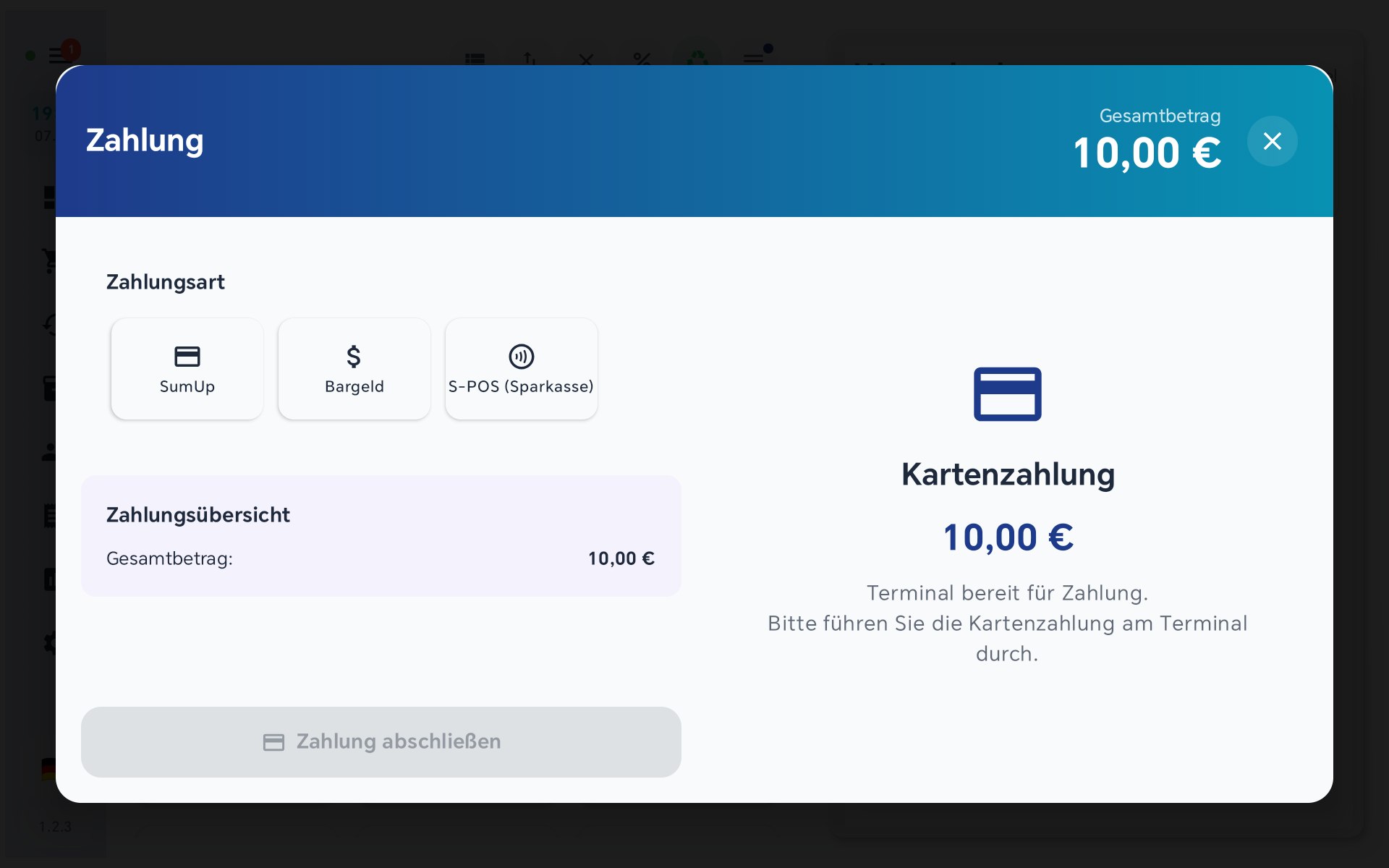 Zahlungsdialog mit Zahlungsarten Bargeld, SumUp und S-POS in BISpicy POS