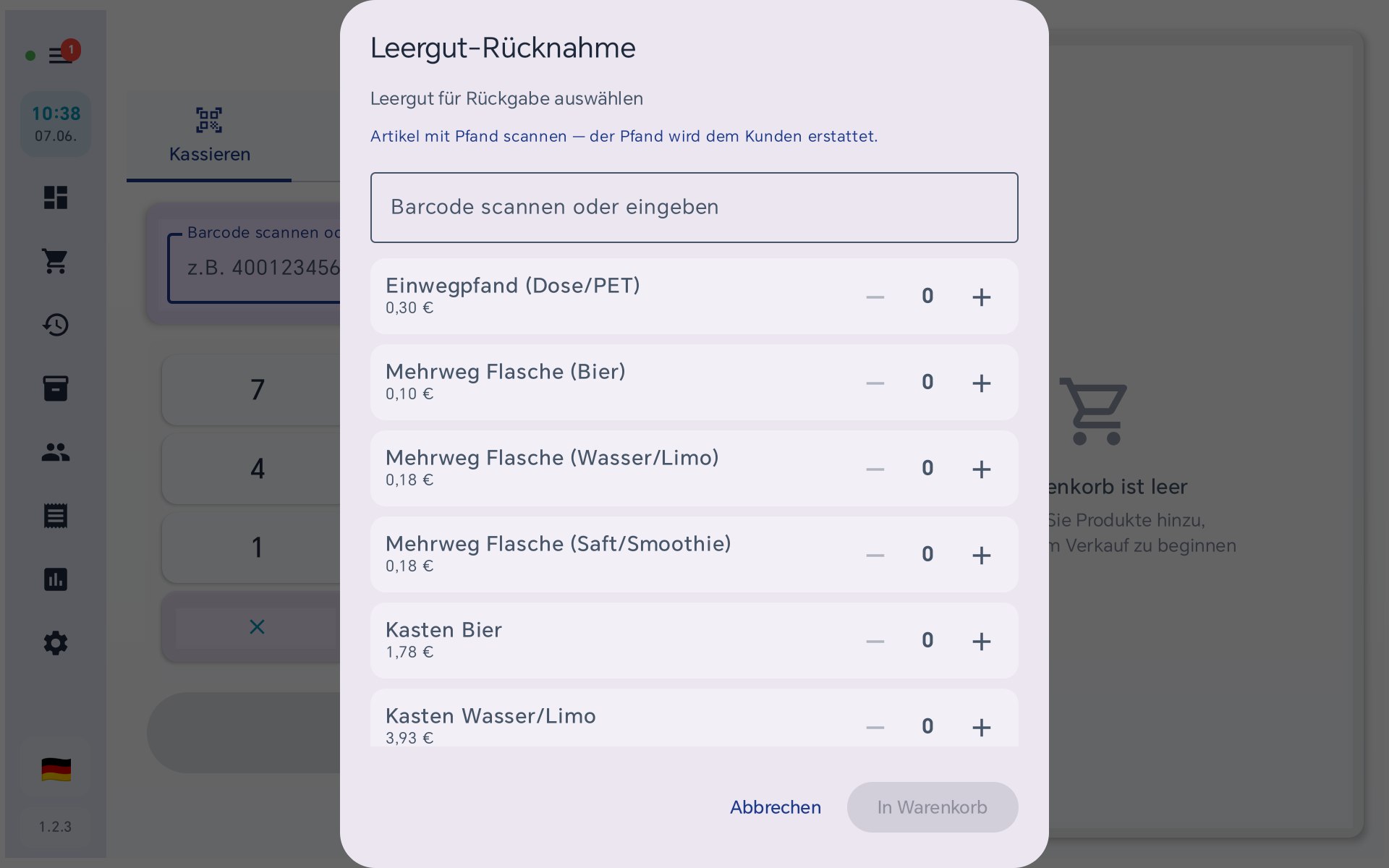 Leergut-Rücknahme Dialog mit Pfandarten in BISpicy POS