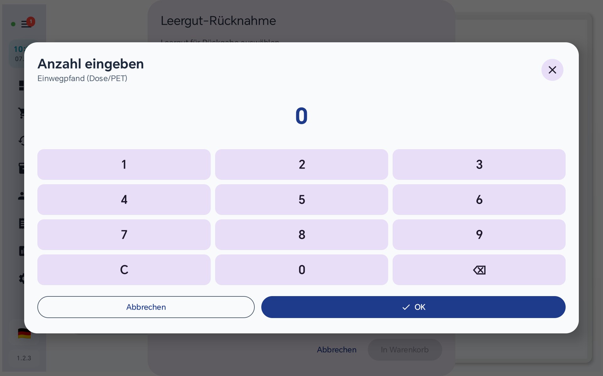 Numpad zur Mengeneingabe der Pfandrücknahme